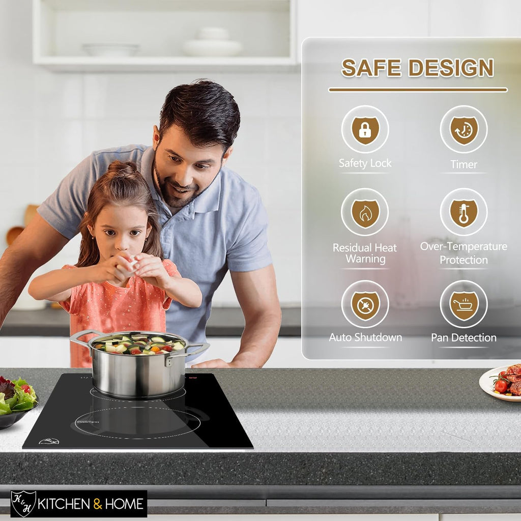 K&H Dual Induction Cooktop - 12 Inch Built-In Electric Stove Top with 17 Heating Levels - 220V, 3400W Built-in Ceramic Glass Electric Induction Cooktop - Touch Control, Timer & Child Lock, IN12-3400SL