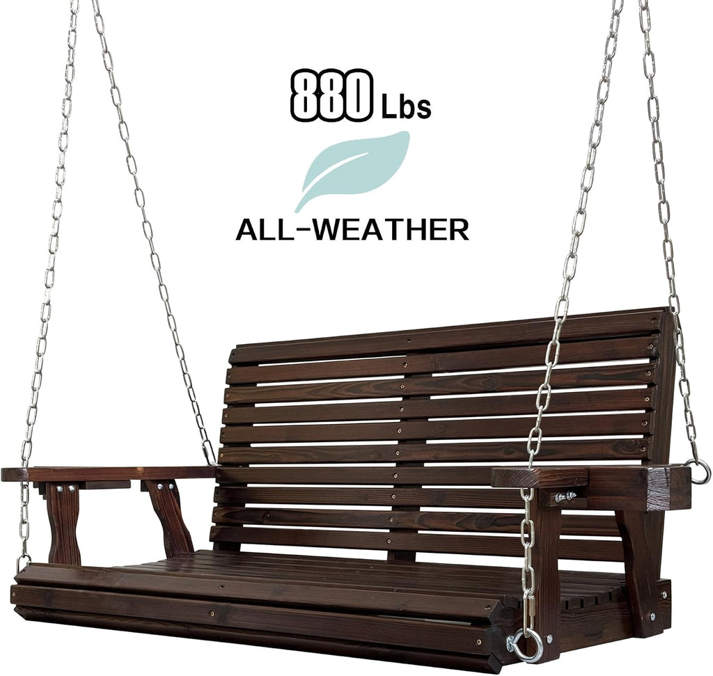Wooden Porch Swing 2-Seater, High Backrest and Deep Seat, Bench Swing with Cupholders, Hanging Chains and 7mm Springs, Heavy Duty 880 LBS, for Outdoor Patio Garden (Deep Brown, 4.5 feet Extra-Large)