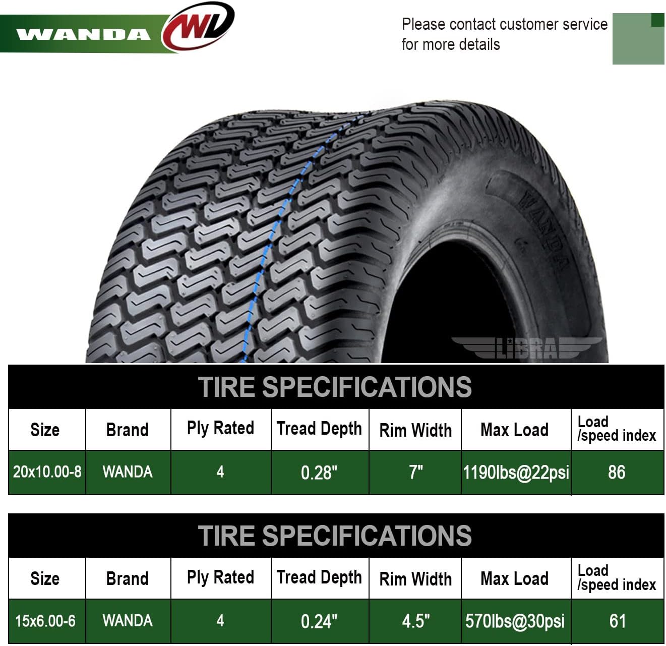 WANDA Set 4 Lawn Mower Turf Tires 15x6-6 Front & 20x10-8 Rear /4PR -13016/13040