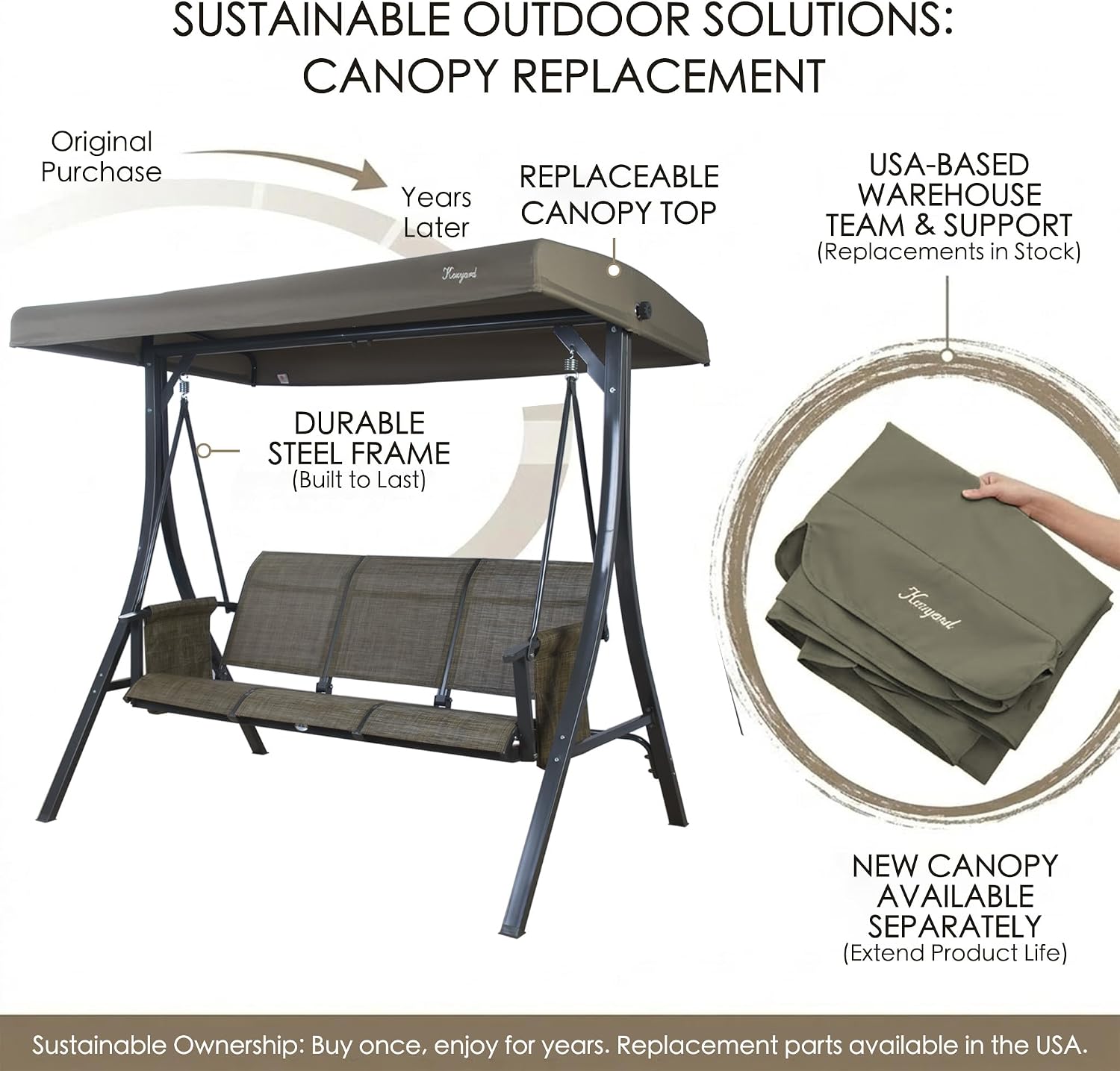 Kozyard Brenda 3-Seat Outdoor Porch Swing Glider, Patio Swing with Adjustable Canopy, Steel Frame, Breathable Textilene Seat & Back, Side Pockets (Taupe)