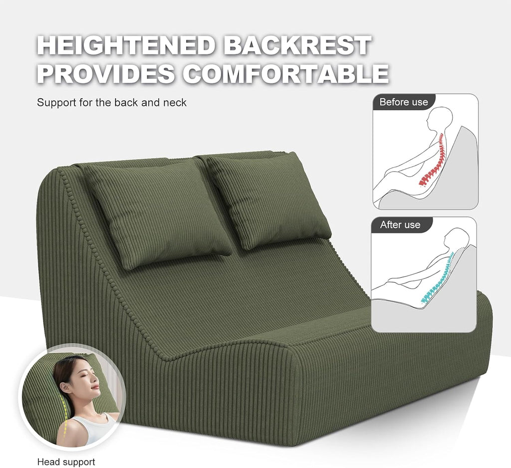 Giant Bean Bag Chair for Adults - Indoor Chaise Lounge with Pillows & Ottomans, Upholstered Loveseat Floor Sofa Chair for Reading, Gaming, Napping, and Movies (Olive Green)