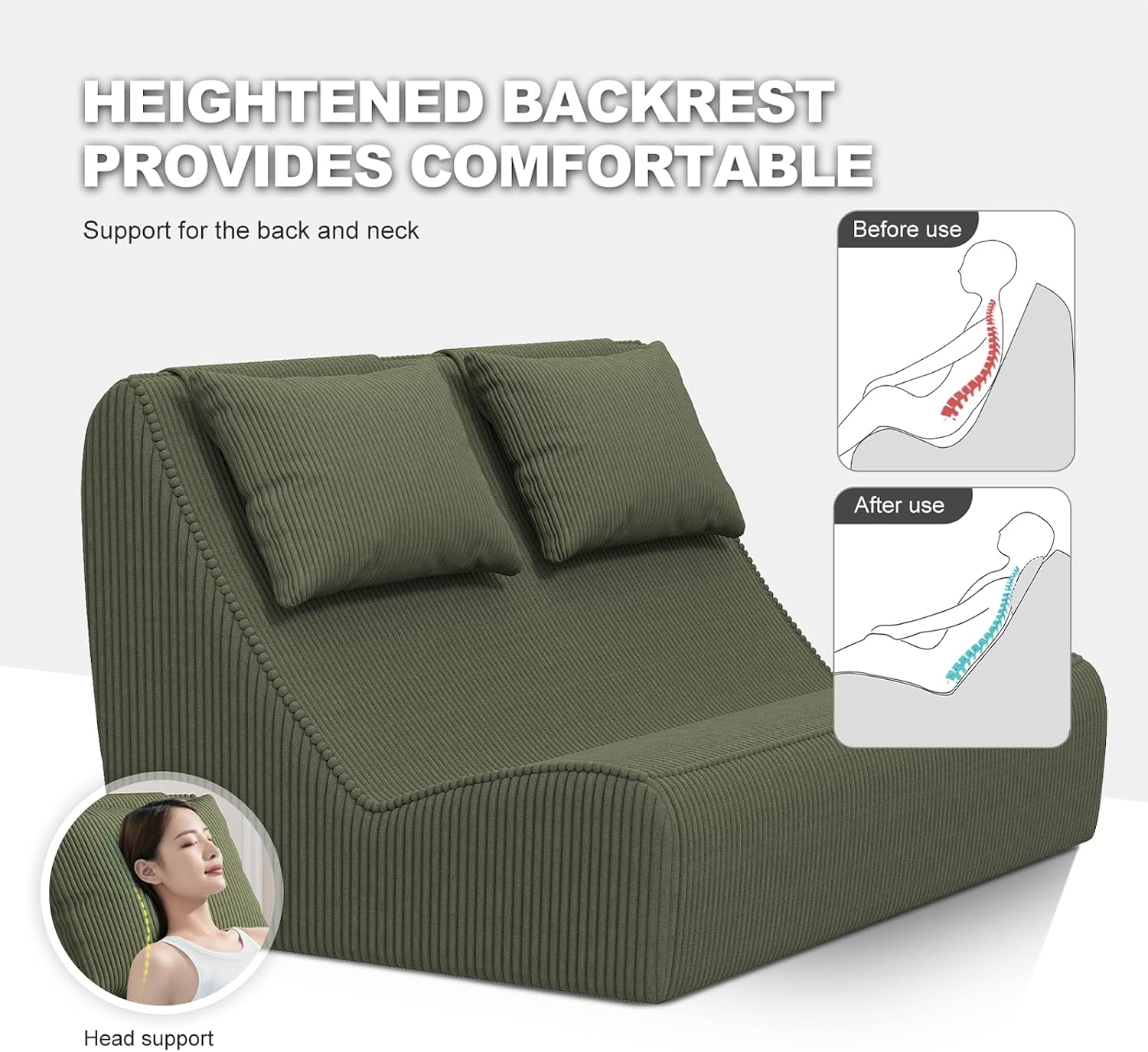 Giant Bean Bag Chair for Adults - Indoor Chaise Lounge with Pillows & Ottomans, Upholstered Loveseat Floor Sofa Chair for Reading, Gaming, Napping, and Movies (Olive Green)