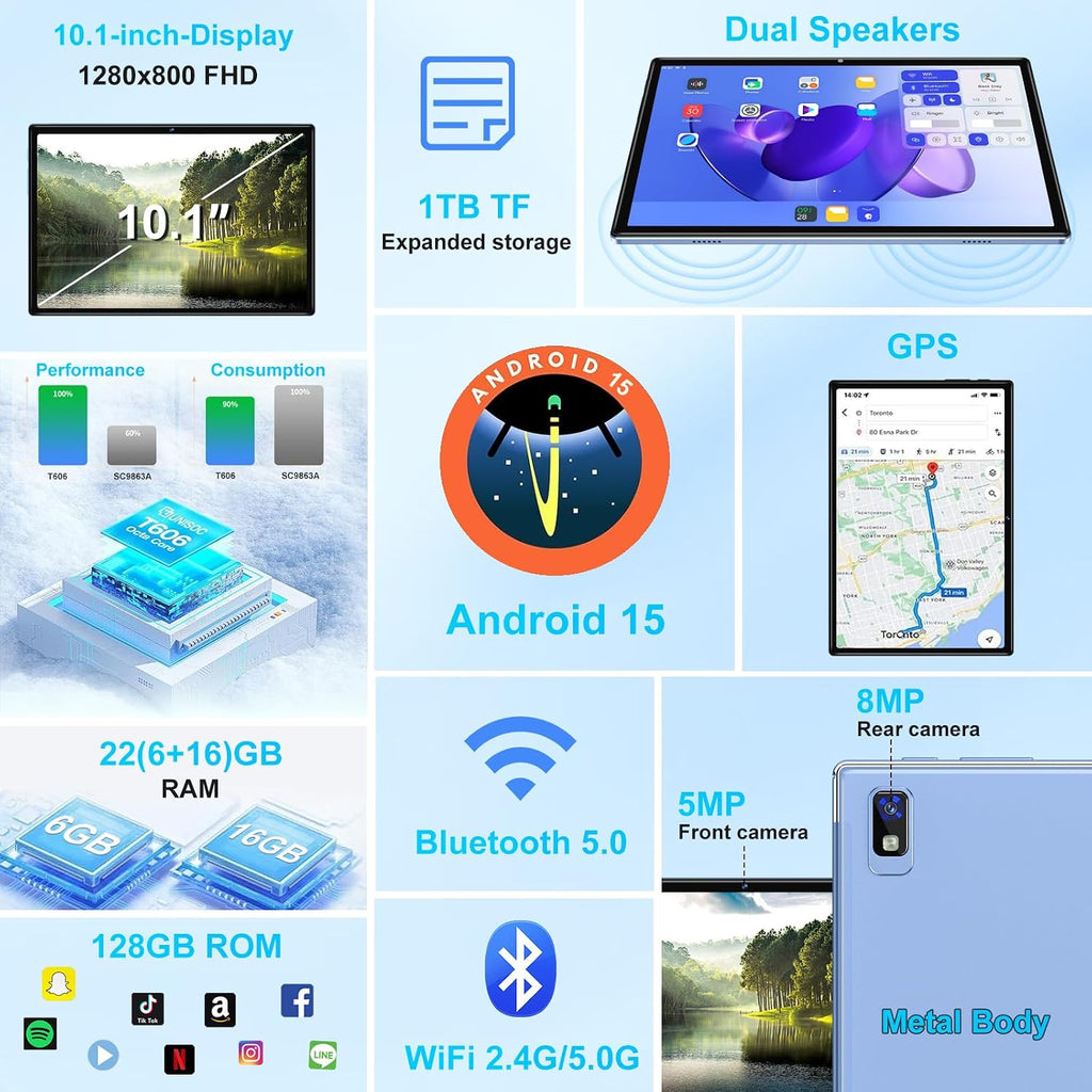 2026 Tablet, 10 Inch Android 15 Tablets 22GB+128GB+1TB Expand, 2-in-1 Octa-Core Electronic Tablet with Keyboard Mouse Case, 8000mAh Battery, 1280x800 HD IPS Display, GPS,Widevine L1, Metal Body -Blue