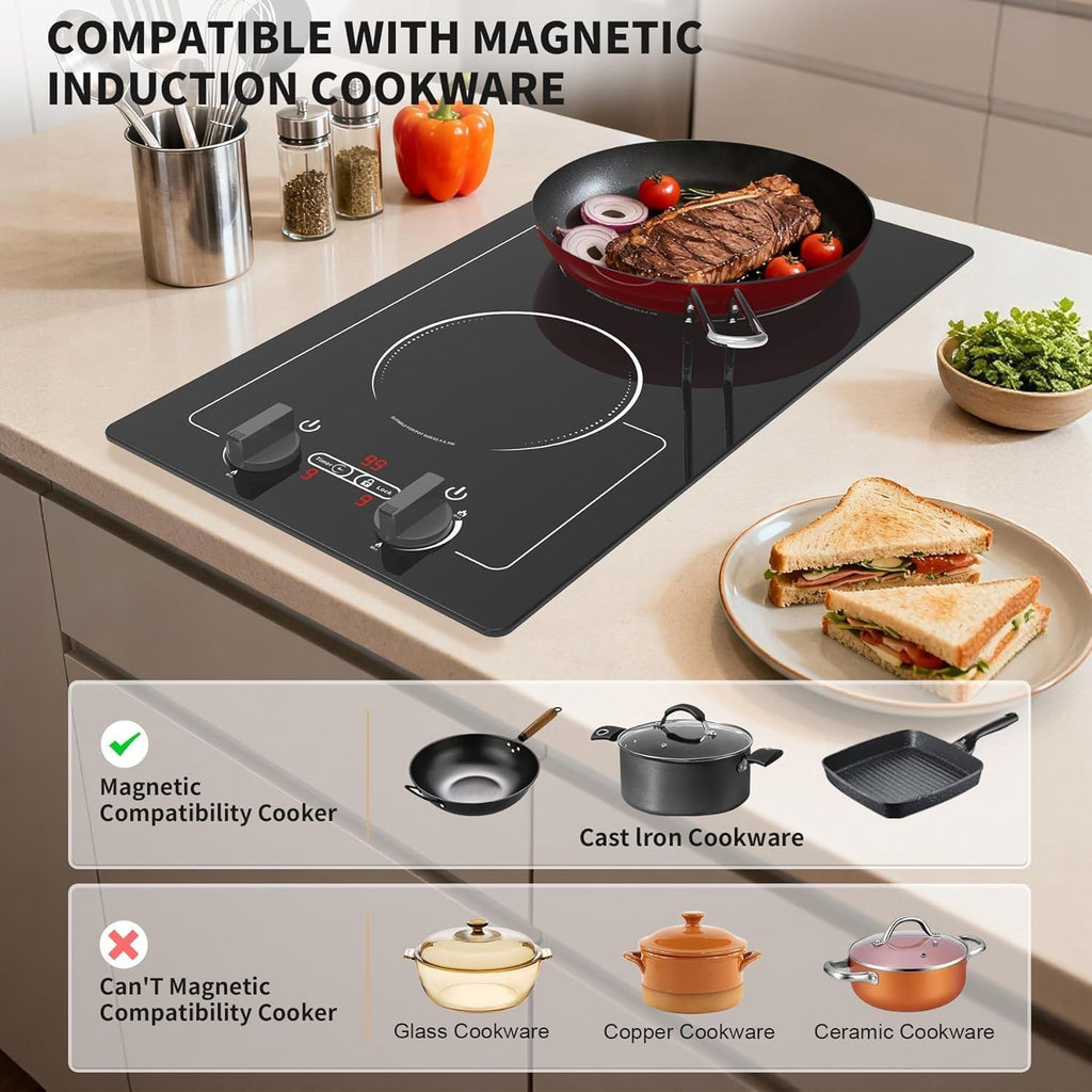 VBGK 2 burner Induction cooktop,110V 2300W double burner hot plate with LED Touch Screen, 9 Power Levels, Kids Lock & Timer, Overheat Protection, knob and touch control Double Induction Cooktop
