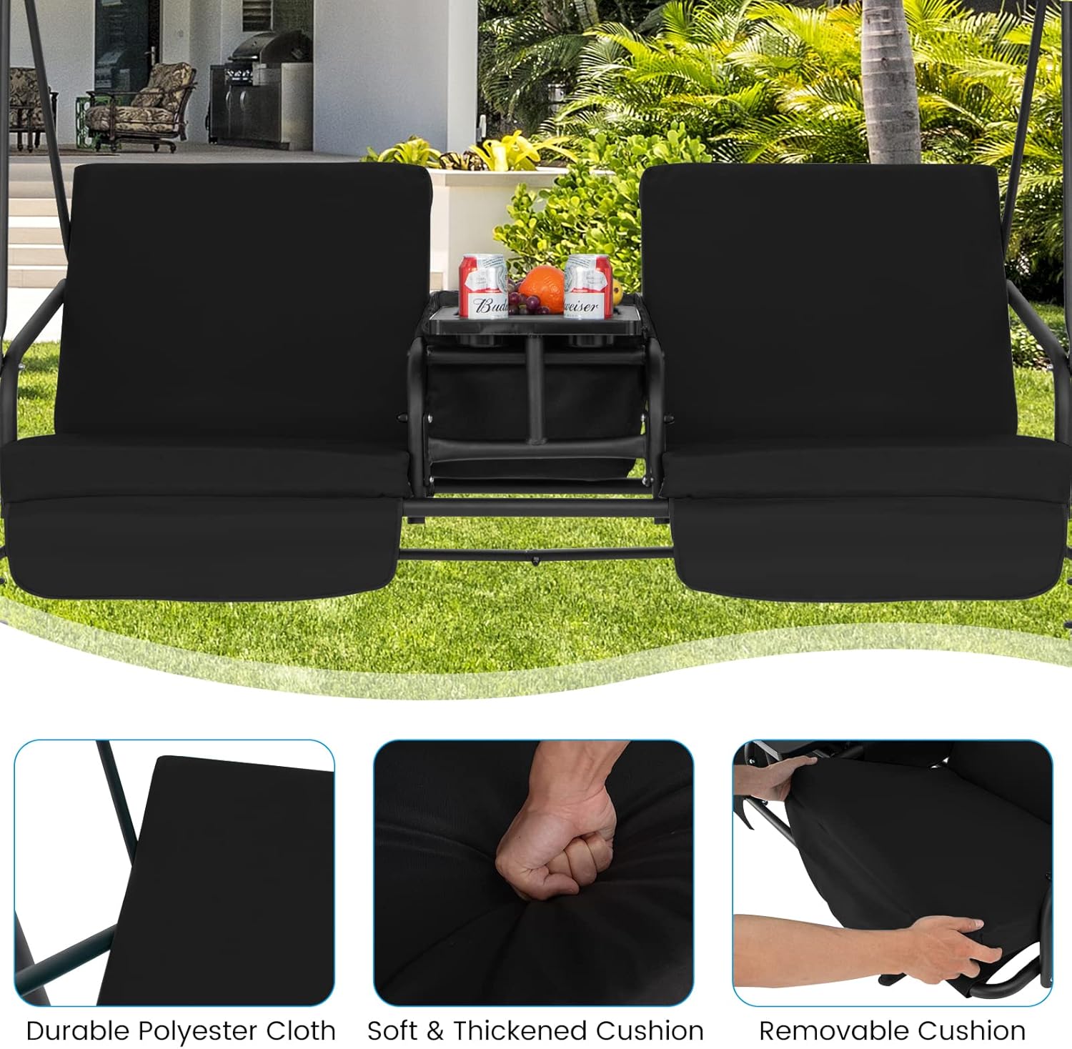Tangkula 2 Person Porch Swing, Outdoor Swing with Pivot Storage Table, Cooler Bag, 2 Cup Holders, Removable Cushions, Patio Swing with Canopy for Backyard Balcony Poolside (Black)
