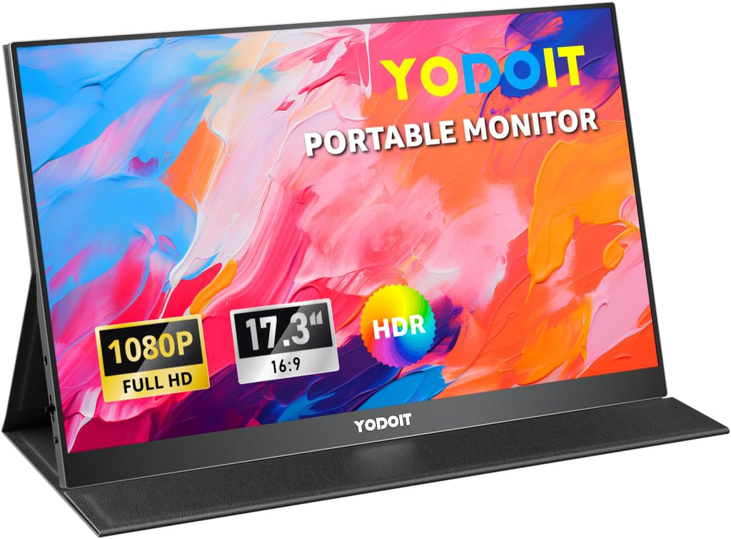Yodoit Portable Monitor for Laptop 1920×1080 17.3' FHD Screen IPS Display with USB Type C Port, Built-in Speakers and Smart Cover Compatible with PC, MacBook, Xbox (Black)