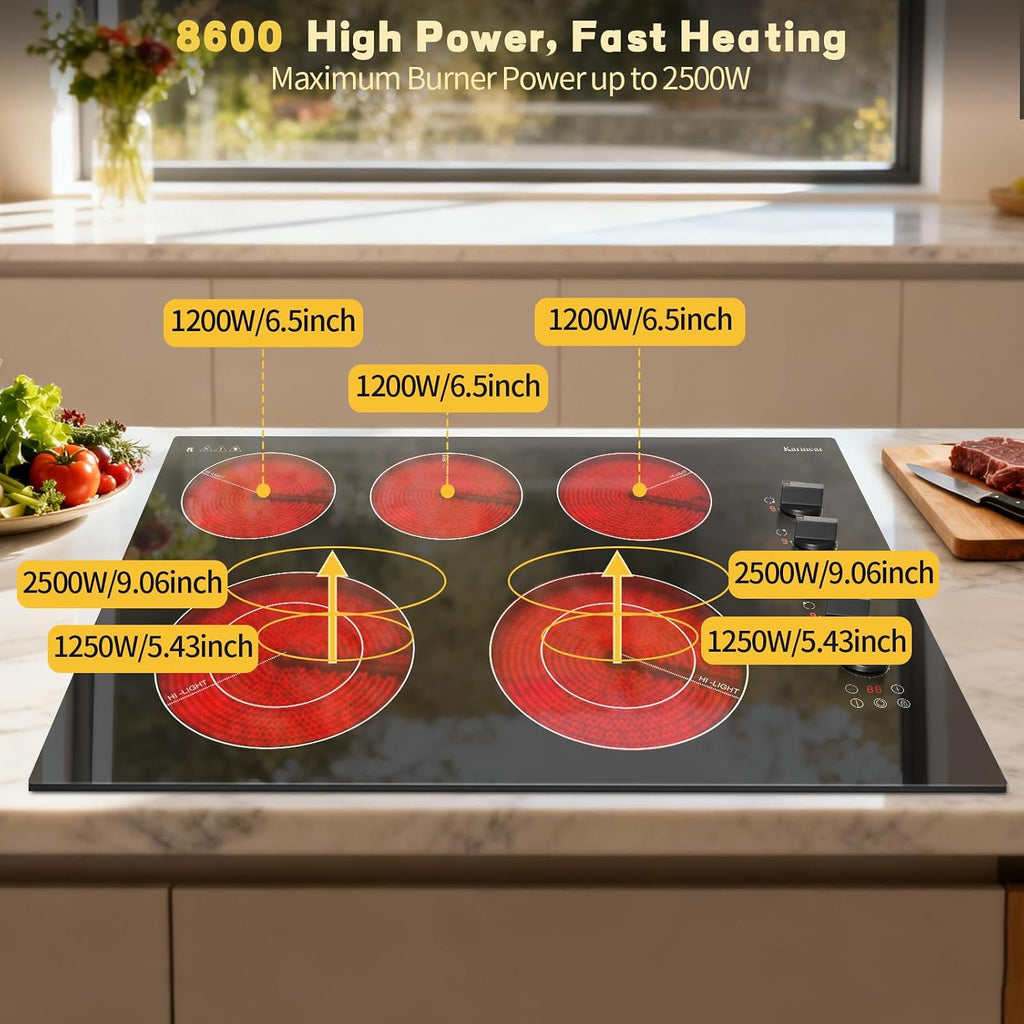 Karinear 30 inch Electric Cooktop, 8600W 5 Burner Radiant Electric Stove Top, Knob & Touch Control with 9 Power Levels, Expandable Zone, Timer, Child Safety Lock, 240V Hardwired