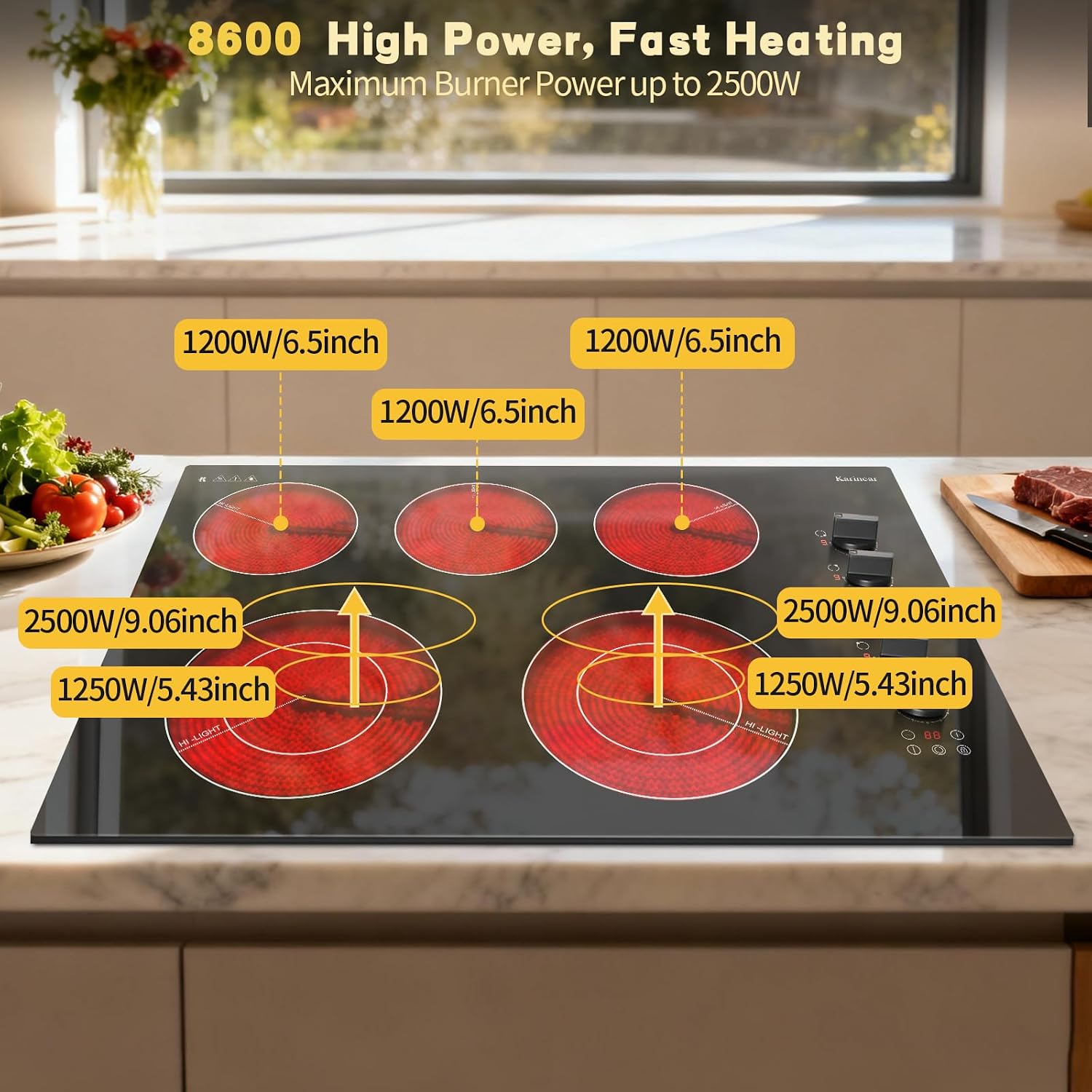 Karinear 30 inch Electric Cooktop, 8600W 5 Burner Radiant Electric Stove Top, Knob & Touch Control with 9 Power Levels, Expandable Zone, Timer, Child Safety Lock, 240V Hardwired