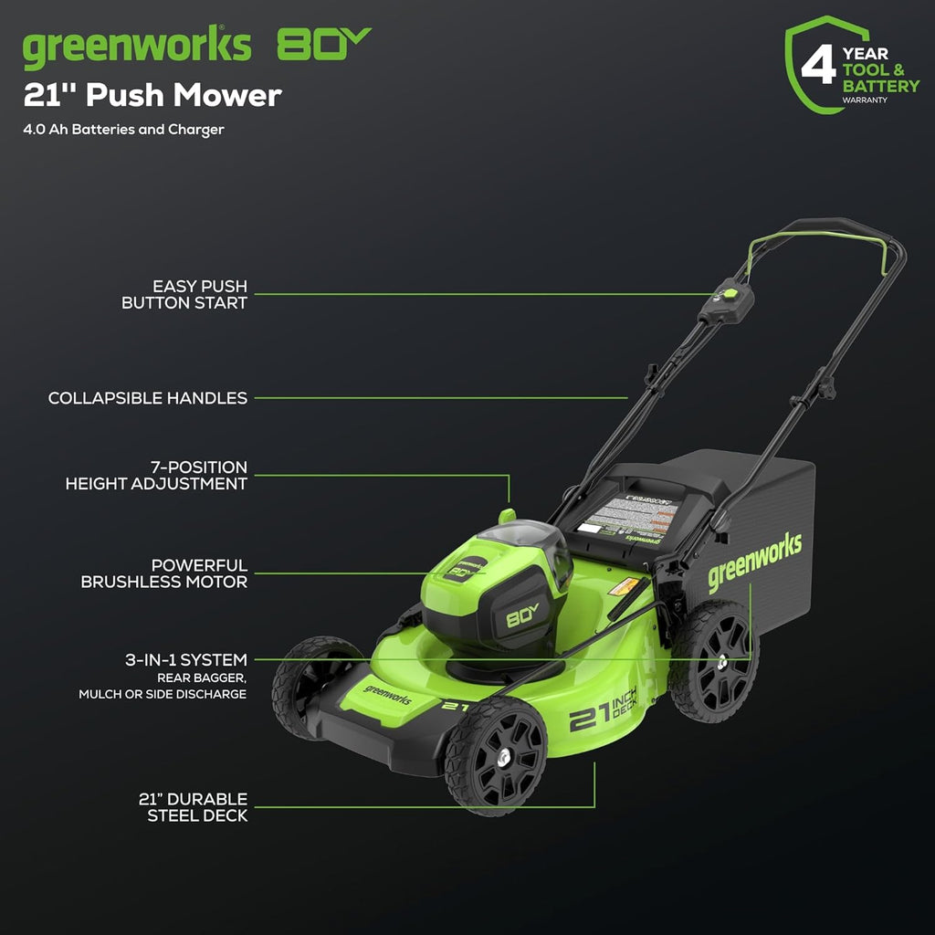 Greenworks 80V 21' Brushless Cordless (Push) Lawn Mower (75+ Compatible Tools), 4.0Ah Battery and 60 Minute Rapid Charger Included