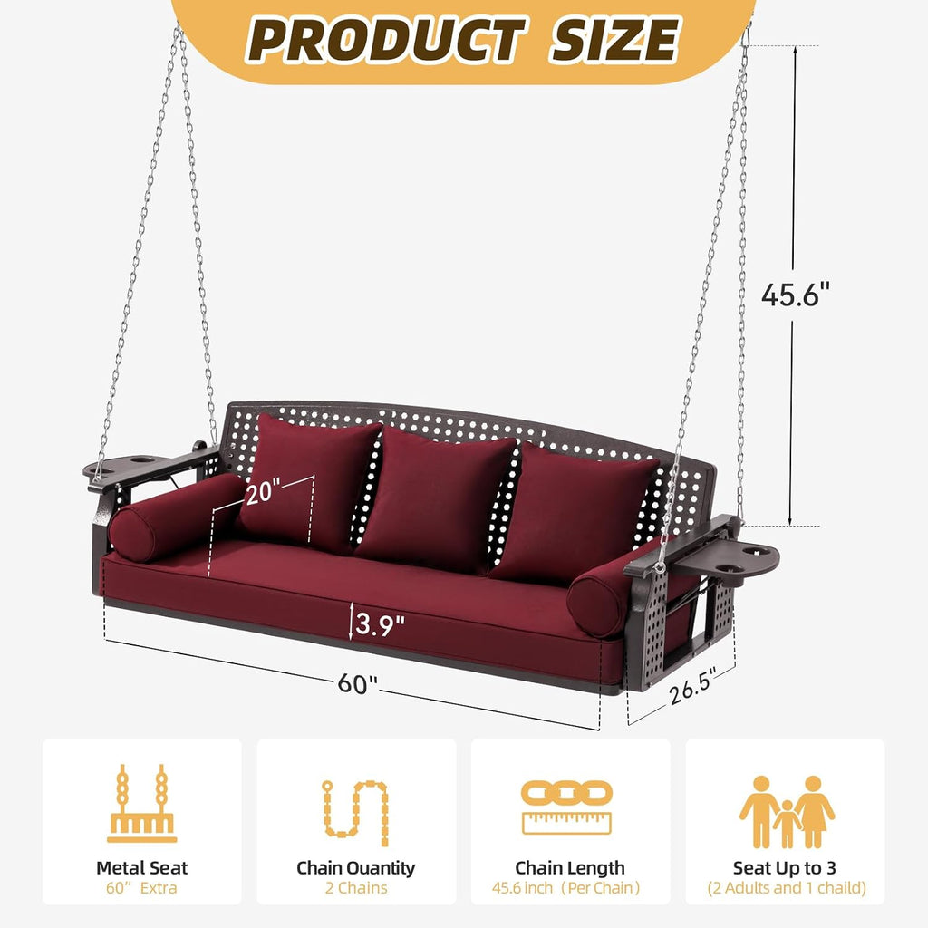 3 Seat Hanging Porch Swing, Patio Swing Bench with Cup Holders & 3 Back Cushions, Swing Chair with Chains for Deck Garden Backyard,Red(60-Inch Width)