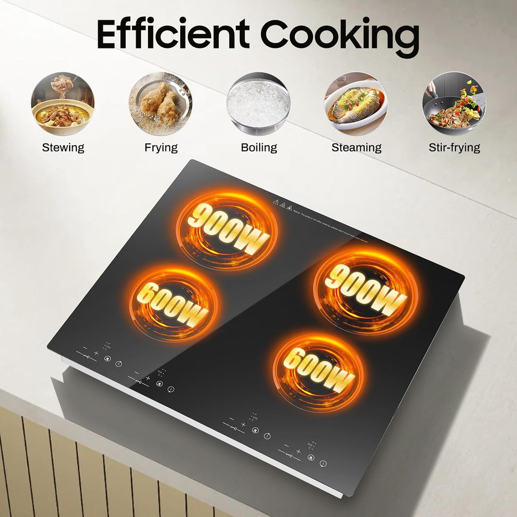 3000W 110V Electric Cooktop 4 Burners, 24 Inch Portable Built-In Countertop Ceramic Stove Top Built-in Cooktop Sensor Touch Control with Safety Lock & Timer 9 Power Levels (NO PLUG)
