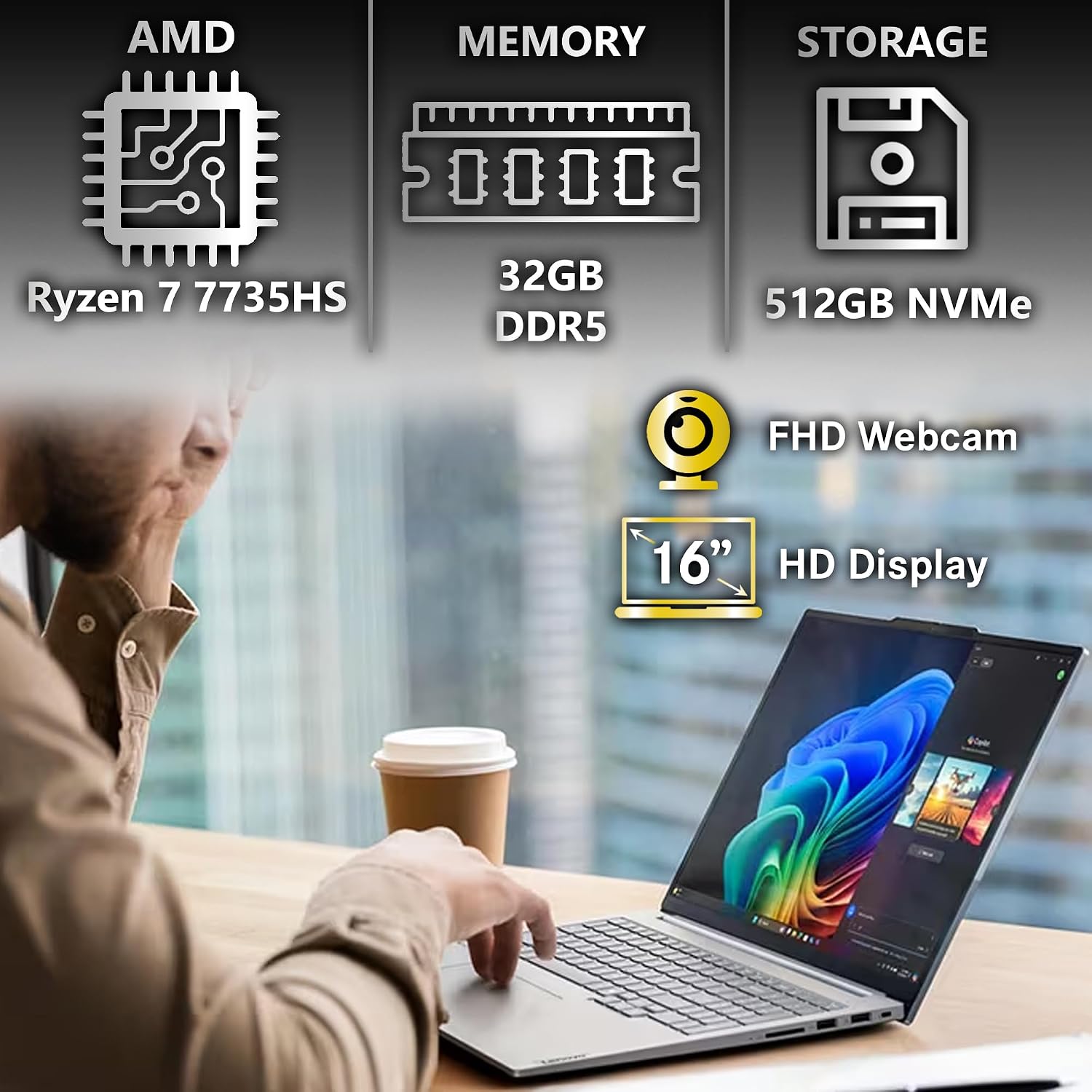 Lenovo ThinkBook 16 G7 Business Laptop, 16' FHD+, AMD Ryzen 7 7735HS, 32GB DDR5, 512GB NVMe, WiFi 6E + BT, Backlit KB, Fingerprint Reader, HD Webcam, Win 11 Pro