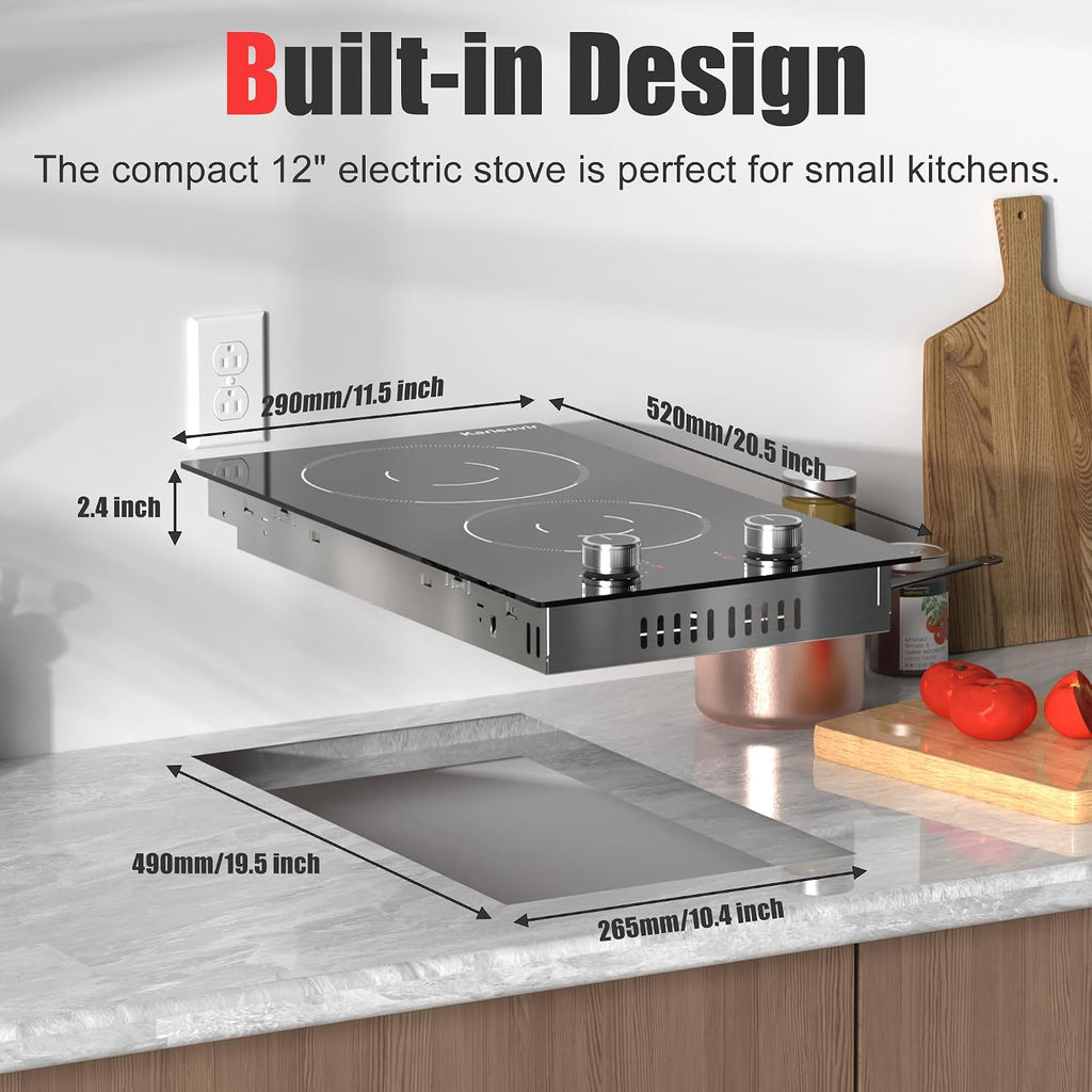2 Burner Electric Cooktop, 12 Inch Countertop & Built-in Electrical Stovetop, 110V Electric Stove with Plug, Knob Control, 9 Power Level, 2000W(1400W+600W)