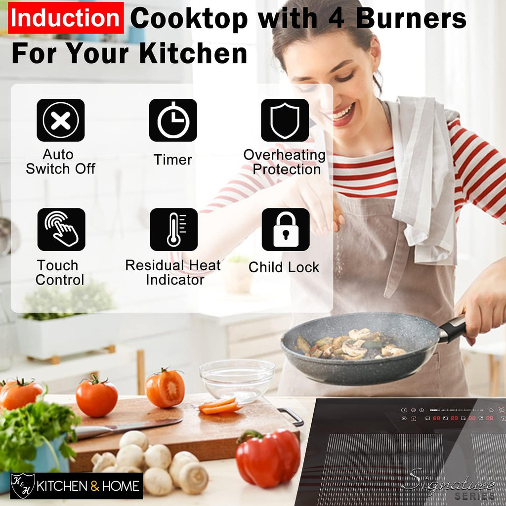K&H 4 Burner Induction Cooktop - 24 Inch Built-In Electric Cermic Stove Top - 17 Heating Levels, 240V, 6800W High-Power Built-in Electric Stove Top - Child Lock, Timer & Touch Control - IN24-6004FLX