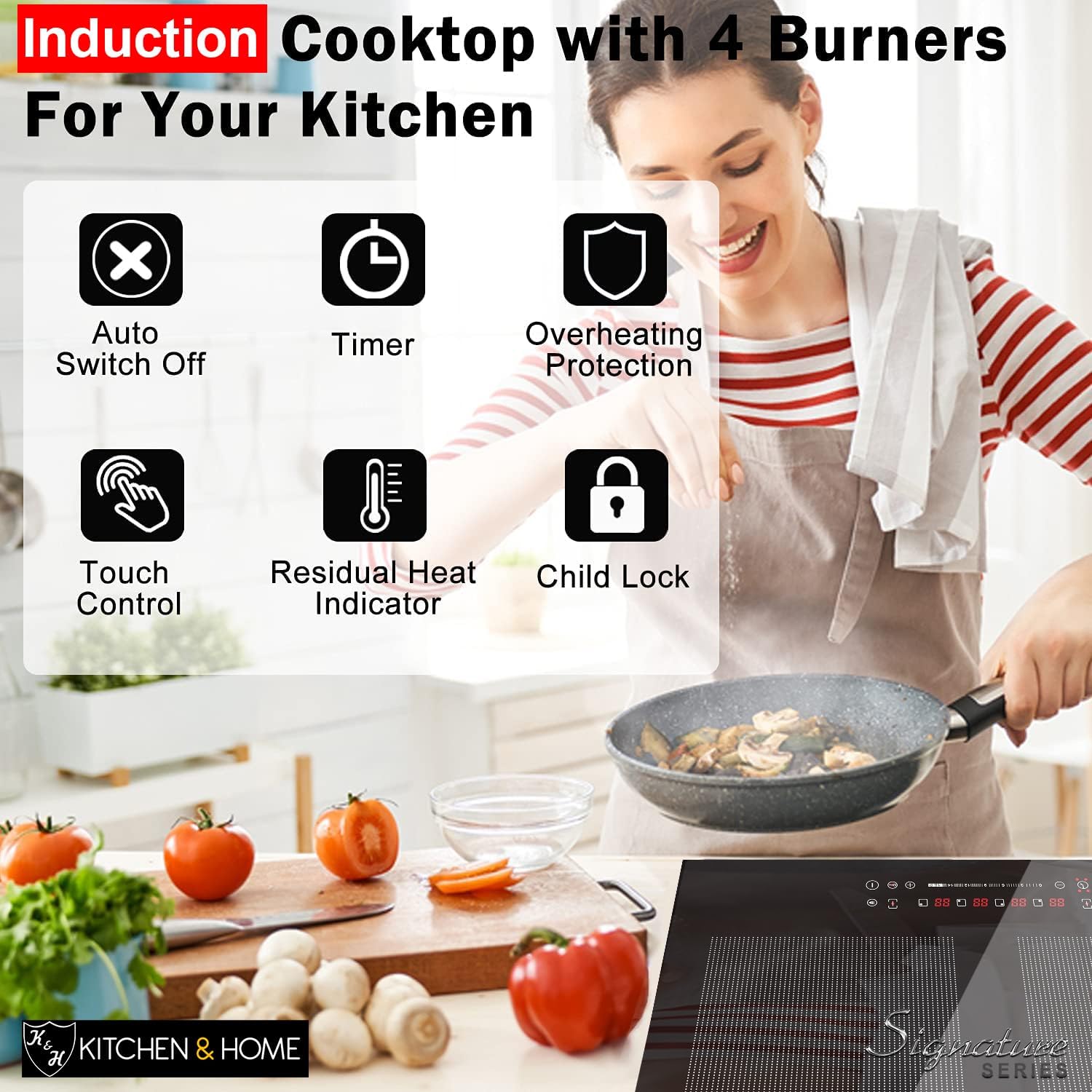 K&H 4 Burner Induction Cooktop - 24 Inch Built-In Electric Cermic Stove Top - 17 Heating Levels, 240V, 6800W High-Power Built-in Electric Stove Top - Child Lock, Timer & Touch Control - IN24-6004FLX