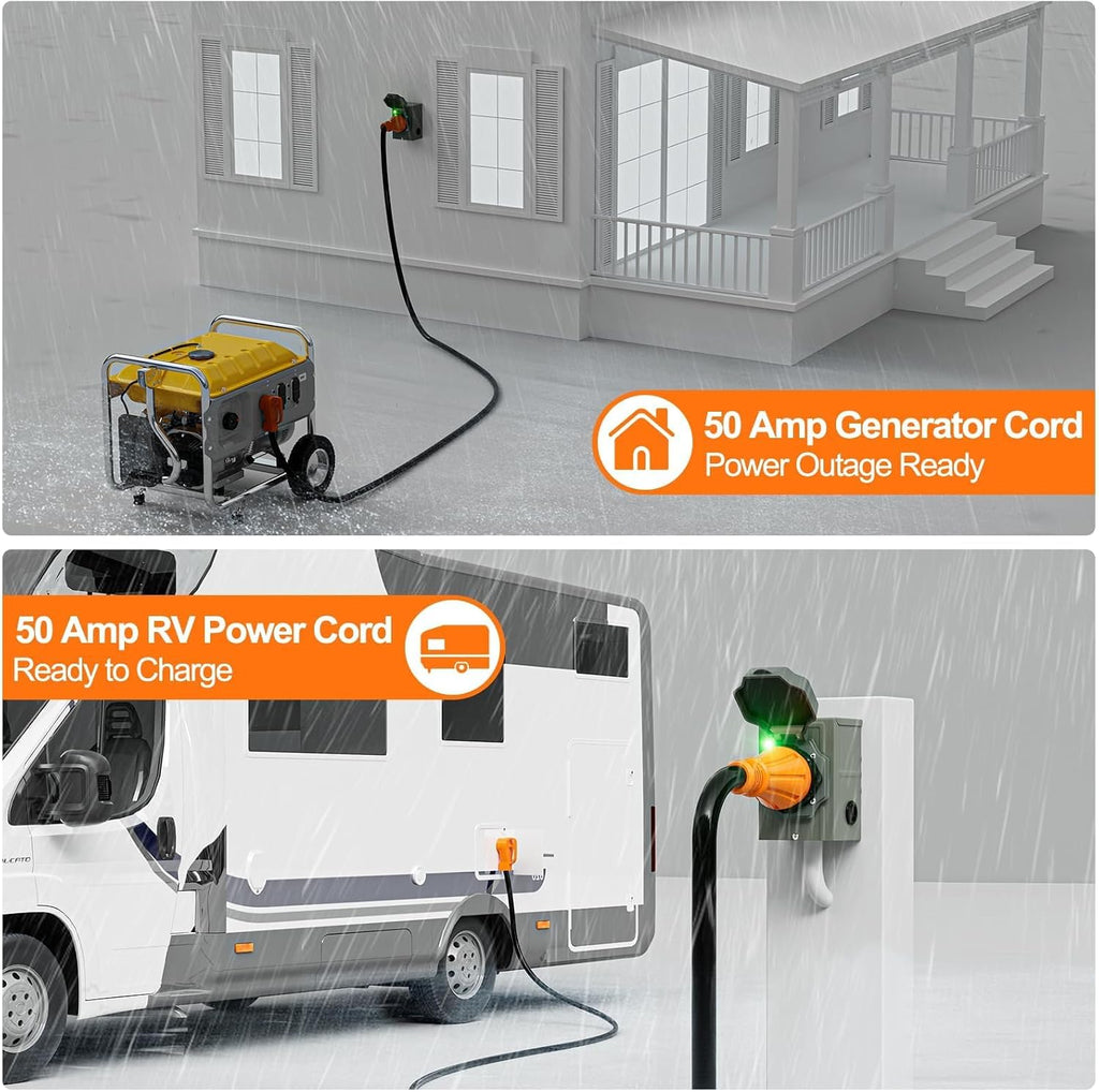 50 Amp Generator Power Cord 15ft and Inlet Box Kit, NEMA 14-50P to SS2-50R Twist Lock with Organizer for RV, Outdoor