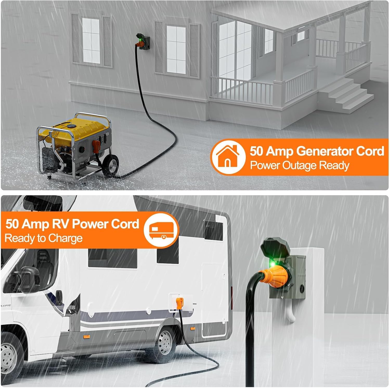 50 Amp Generator Power Cord 15ft and Inlet Box Kit, NEMA 14-50P to SS2-50R Twist Lock with Organizer for RV, Outdoor