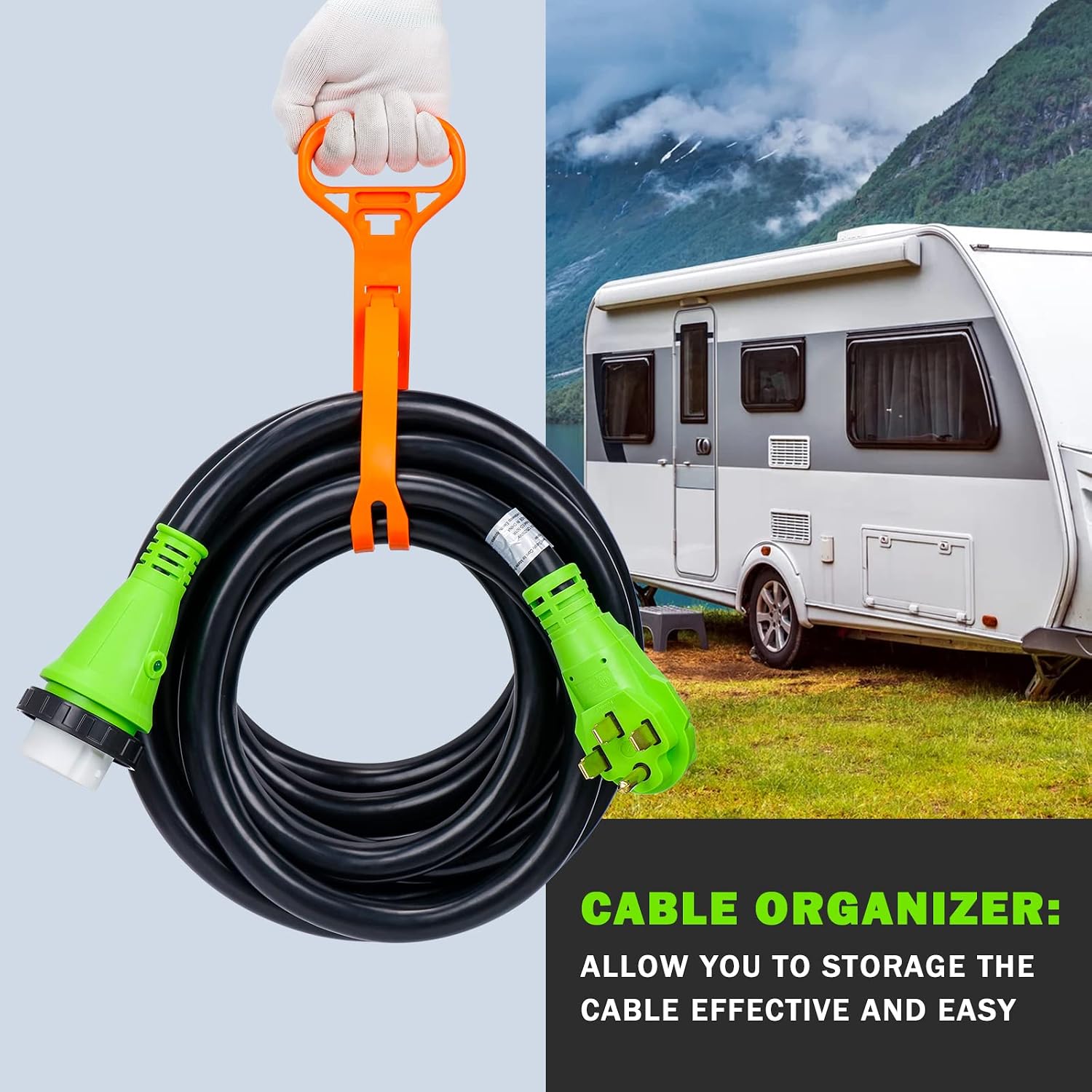 UL Listed 50 Amp RV Extension Power Cord, 25 Feet Lockable Heavy Duty 6/3 + 8/1 SJTW AWG Gauge Cord, NEMA 14-50P to SS2-50R with Cord Organizer, 125V/250V for RV Camper and Generator to House