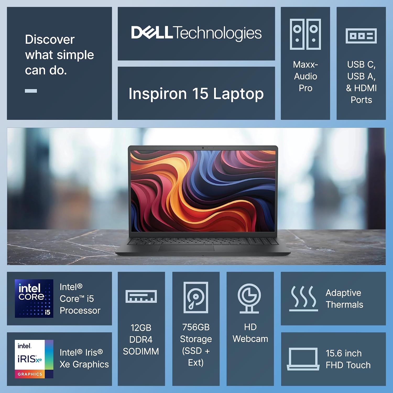Dell Inspiron 15 Touchscreen Laptop for 2025-2026 Business Student Home, AI Computer, 15.6' FHD, 10-Core Intel i5, 12GB RAM, 756GB Storage (256GB SSD+500GB Ext) MarxsAddon, Win 11 Pro, Lifetime Office