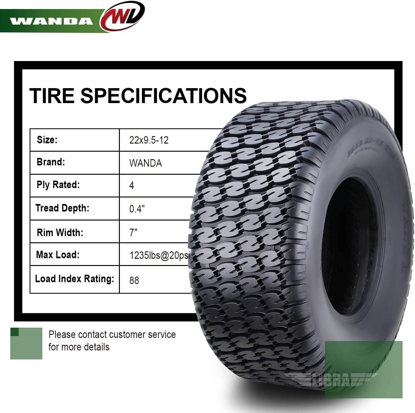 WANDA 22X9.5-10 Lawn Mower Tractor Cart Turf Tires 4 Ply 22x9.5x10 -Set 2-13217