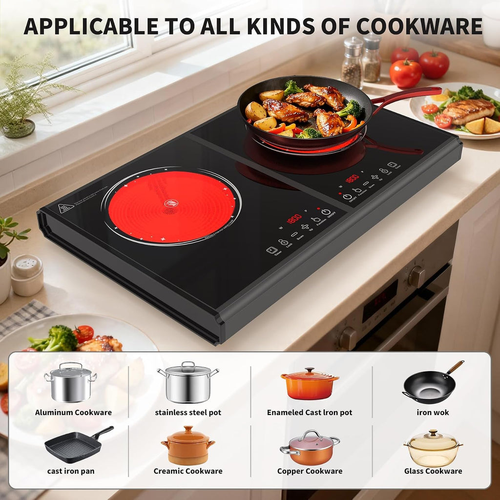 VBGK Electric Cooktop, 110V 3600w Stove top, 22 inch Countertop with 9 Power Levels, LED touch control Overheat Protection, Child Safety Lock & Timer, touch control 2 burer Electric cooktop