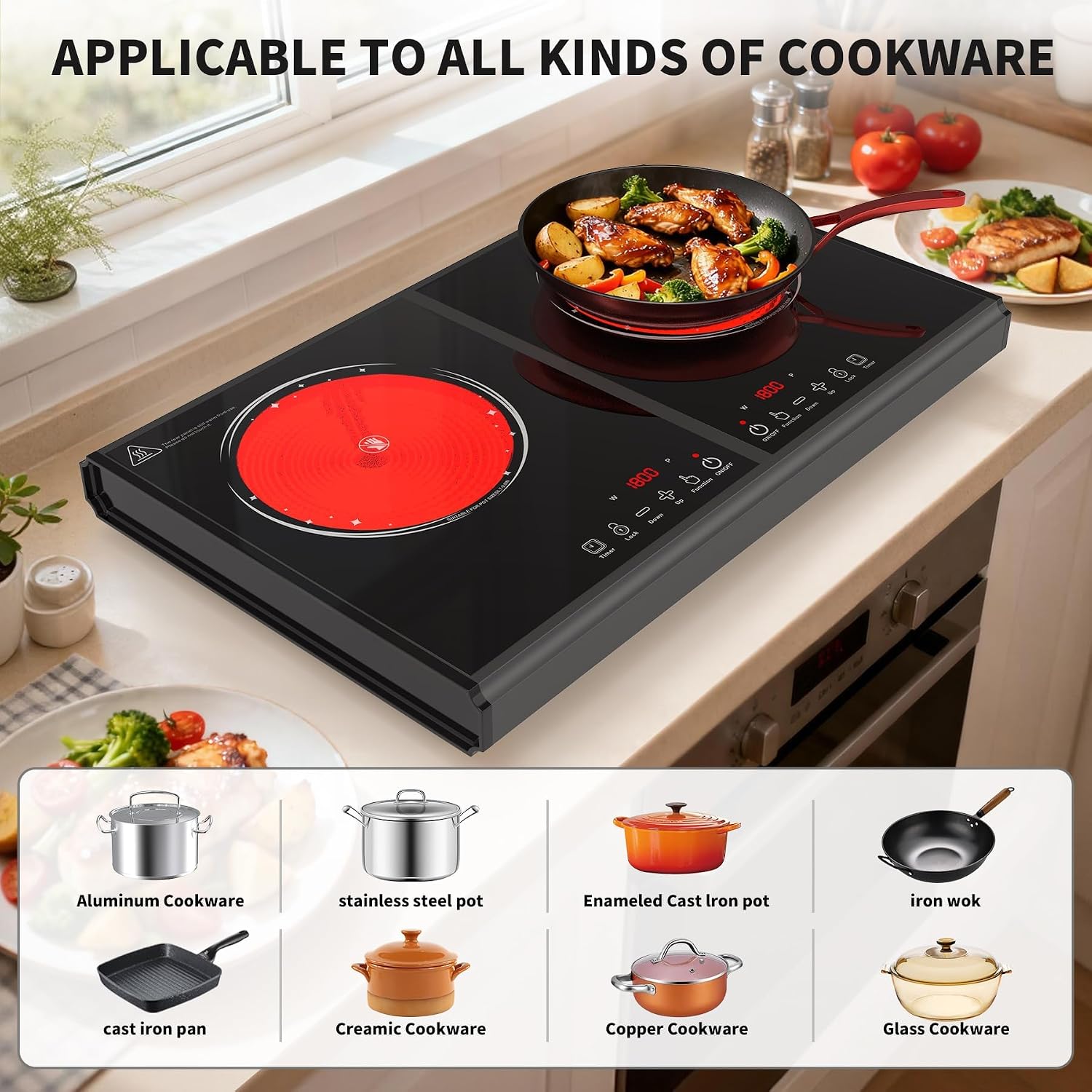 VBGK Electric Cooktop, 110V 3600w Stove top, 22 inch Countertop with 9 Power Levels, LED touch control Overheat Protection, Child Safety Lock & Timer, touch control 2 burer Electric cooktop