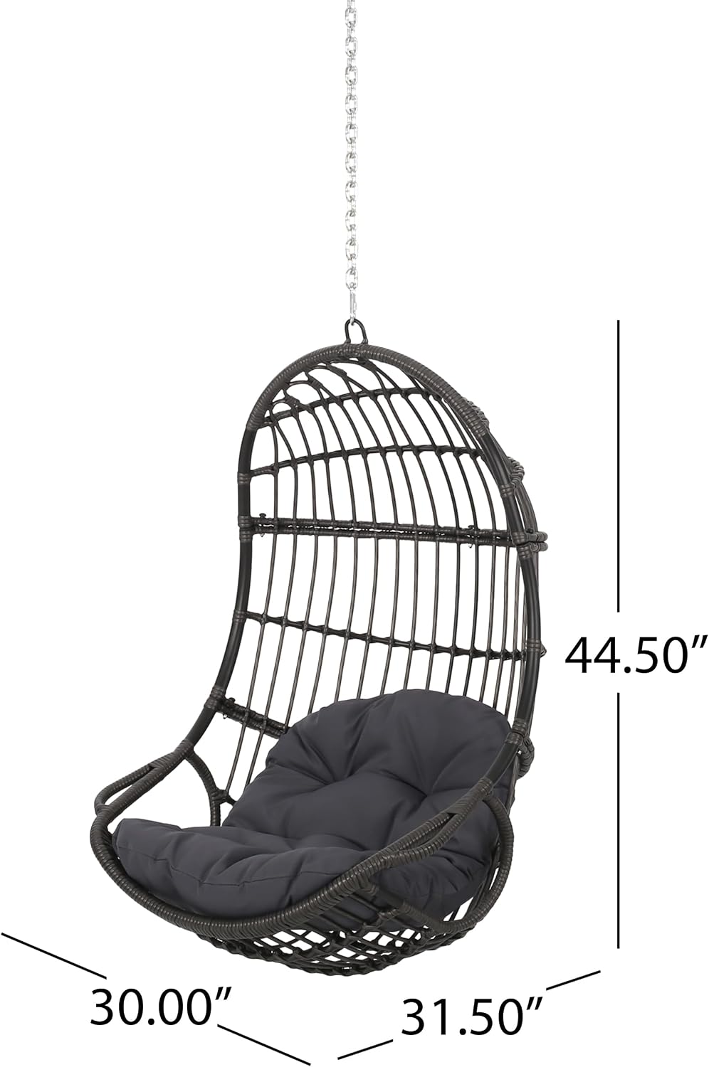 Wicker Egg Chair, Hanging Chair with 8FT Chain, Wicker Lounge Chair with Water Resistant Cushion, Indoor Outdoor Lounger for Patio, Backyard, Living Room, Only Chair (Gray-No Stand)