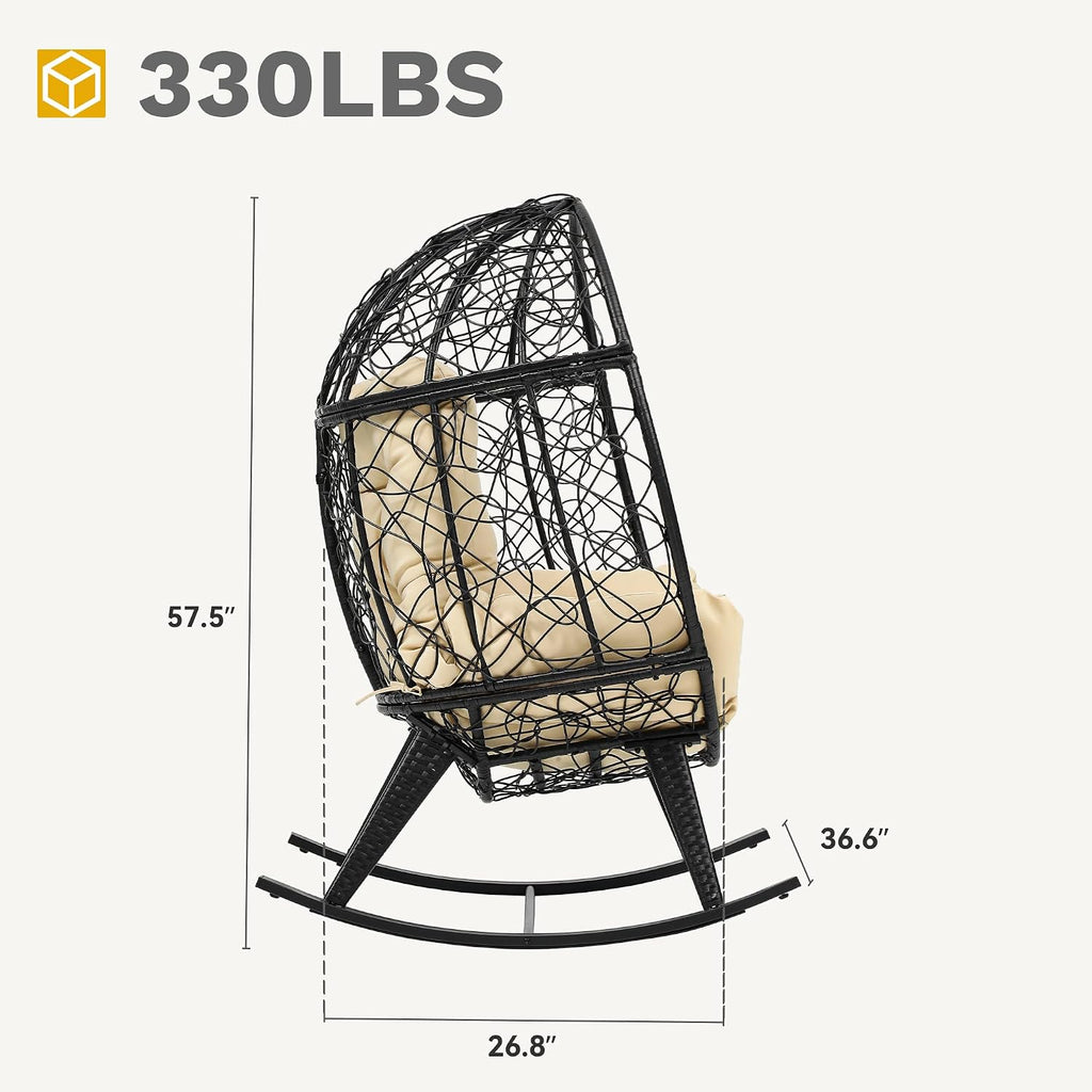DWVO Wicker Rocking Egg Chair, Oversized Indoor Outdoor Rattan Rocking Chair, Indoor Outdoor Lounger for Patio, Backyard, Living Room, Black & Beige