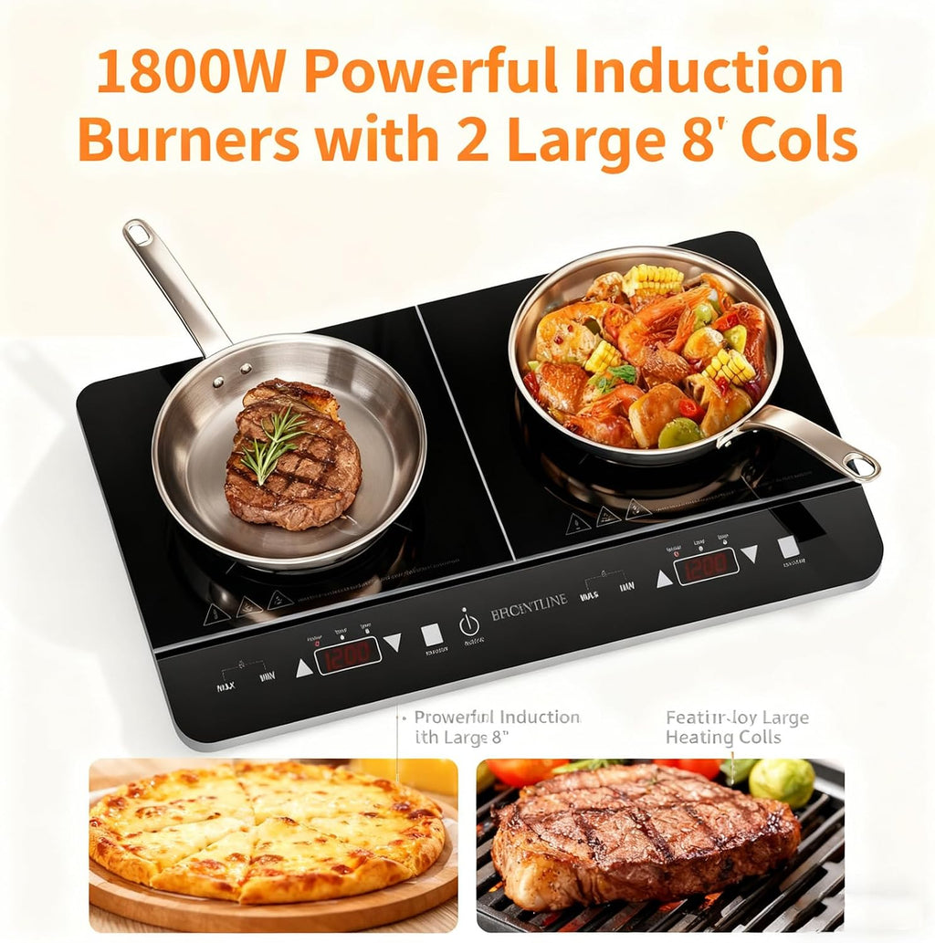 Double Induction Cooktop, 1800W Powerful Induction Burners with 2 Large 8' Heating Coils, 2 Burner Portable Cooktop with 9 Power Settings, 180 Mins Timer & Child Safety Lock, Black