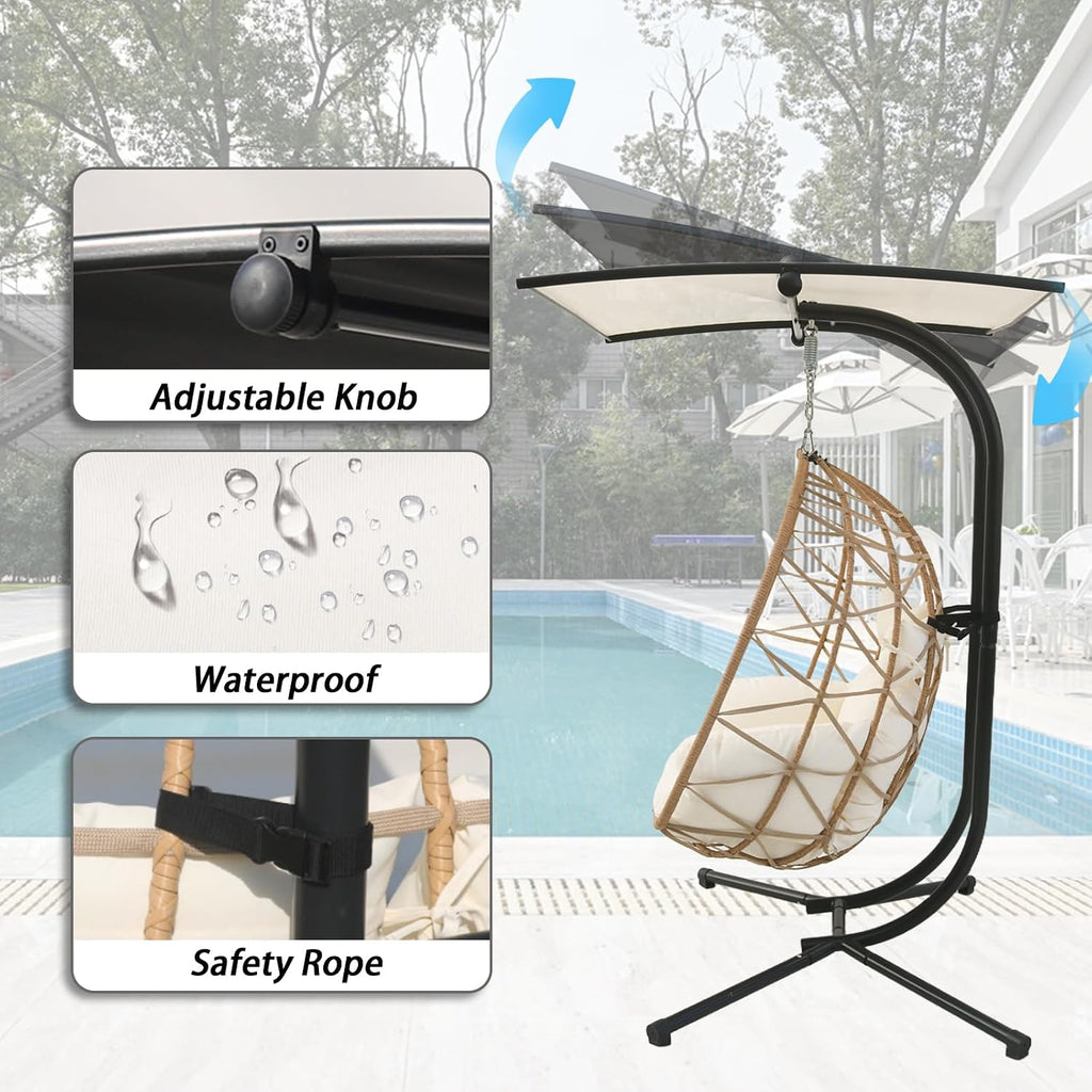 2 Person Hanging Egg Chair with Canopy, Outdoor Rattan Swing Hammock Basket Chair with Soft Cushion, Wicker Egg Chair for Outdoor Patio, Balcony, Garden (White)