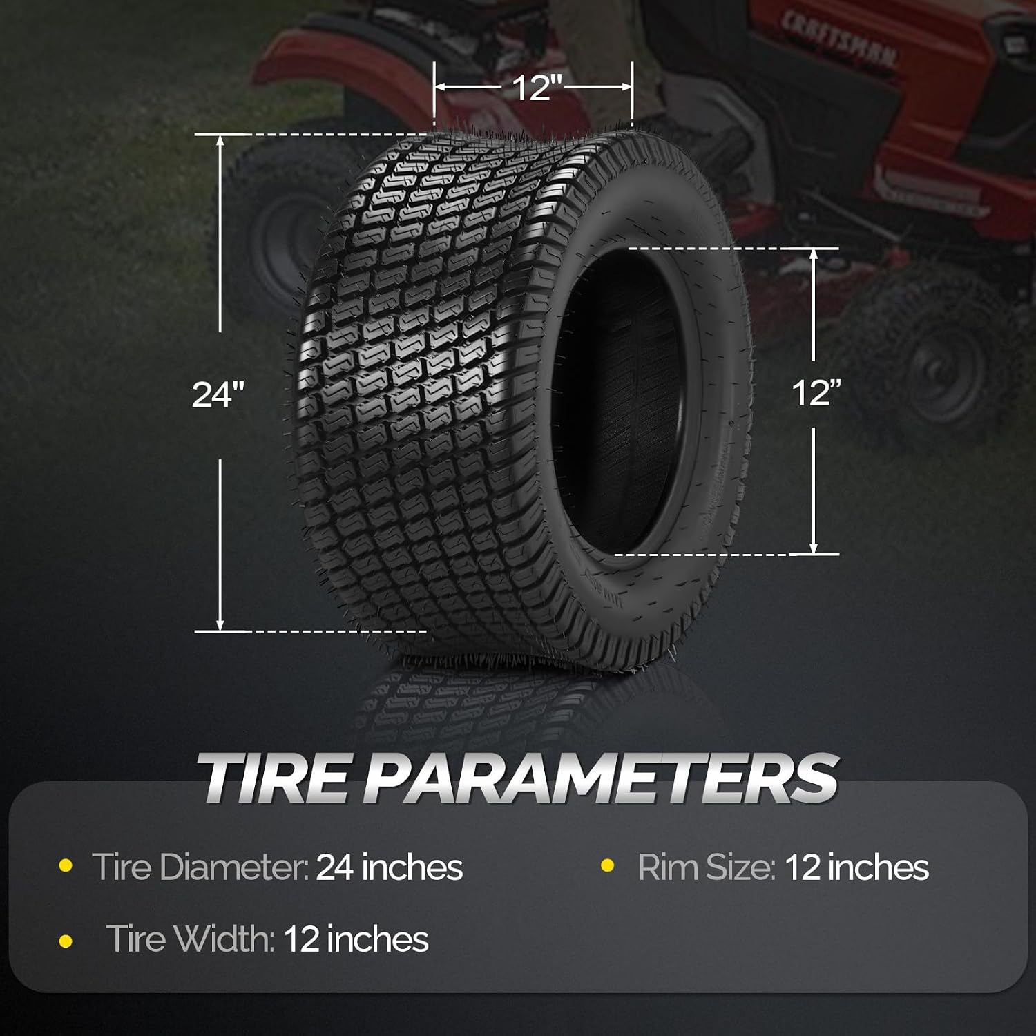 TUFFIOM 24x12.00-12 Lawn Mower Tires Set of 2, 8PR Turf Tire Lawn & Garden Tires, Compatible With Most Lawn & Garden Utility Vehicles, Tubeless