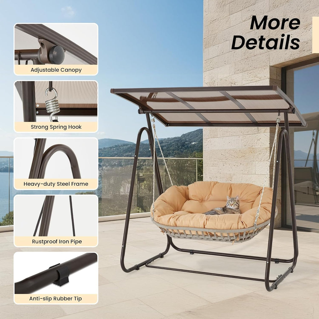 2-Seat Outdoor Patio Porch Swing with Polycarbonate (PC) Canopy, All-Weather Outdoor Swing Chair with 4.7' Thick Cushion and Hand-Woven Rope, Heavy Duty Steel Frame for Patio, Garden, Khaki
