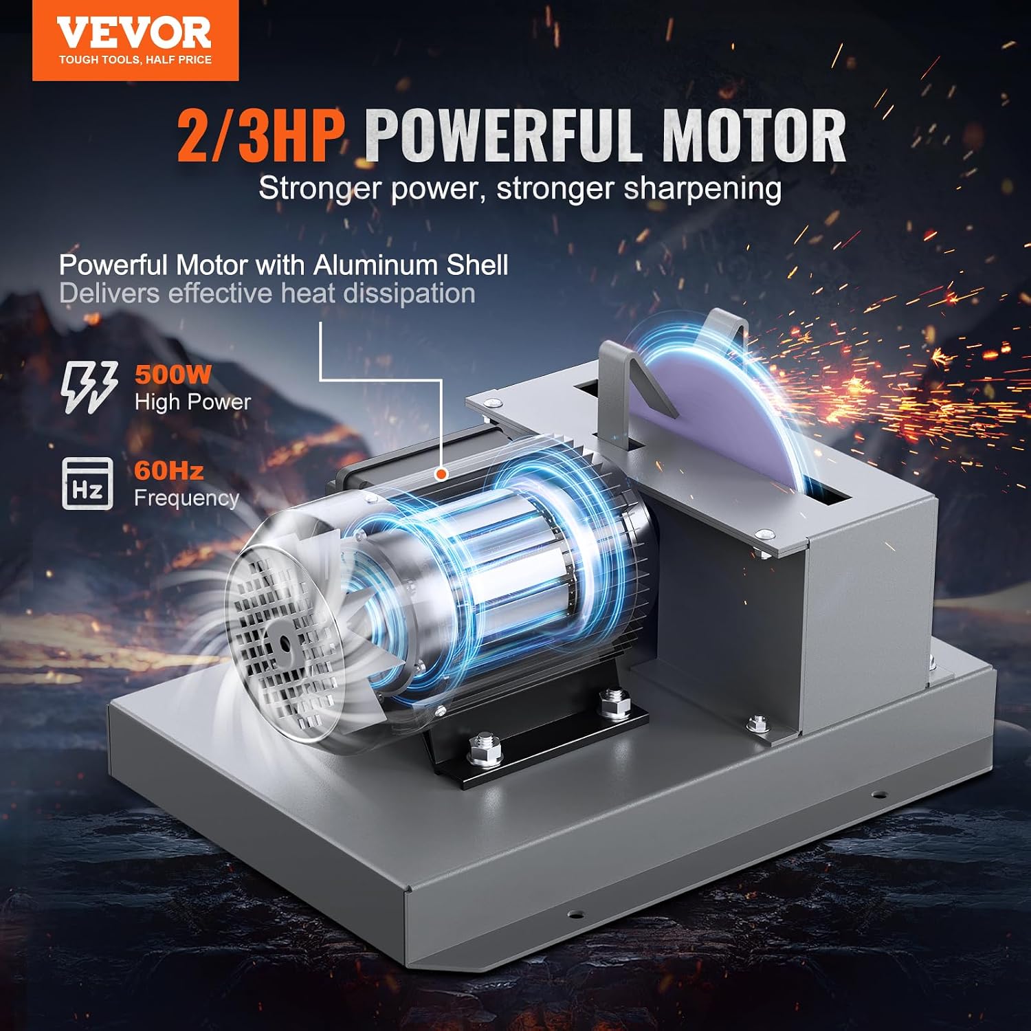 VEVOR Lawn Mower Blade Sharpener - 2/3HP 500W Grinder with 7-inch Ceramic Wheel, Sharpens High/Low Lift, Gator & Flat Blades