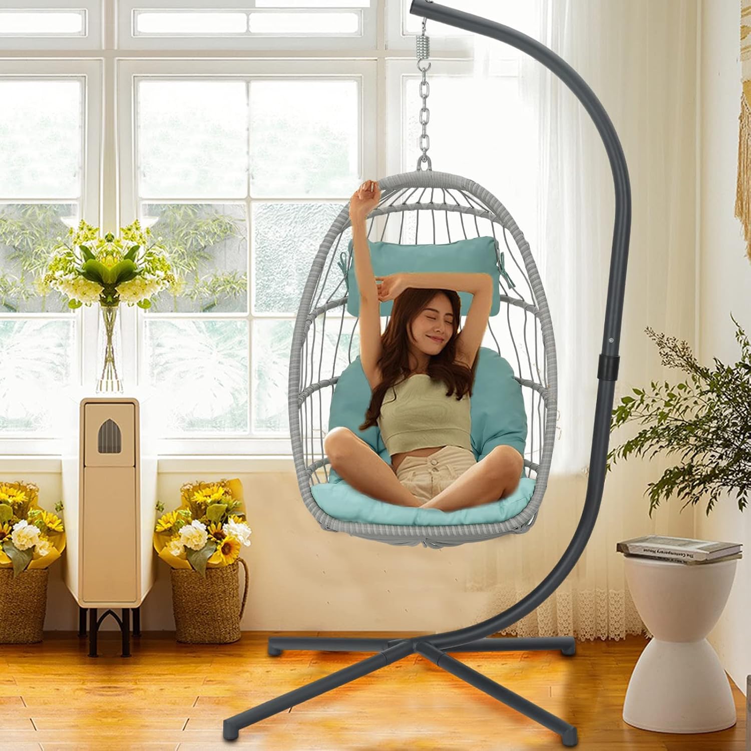 Indoor Outdoor Patio Wicker Hanging Chair Swing Chair Patio Egg Chair UV Resistant Cushion Aluminum Frame (Light Blue)