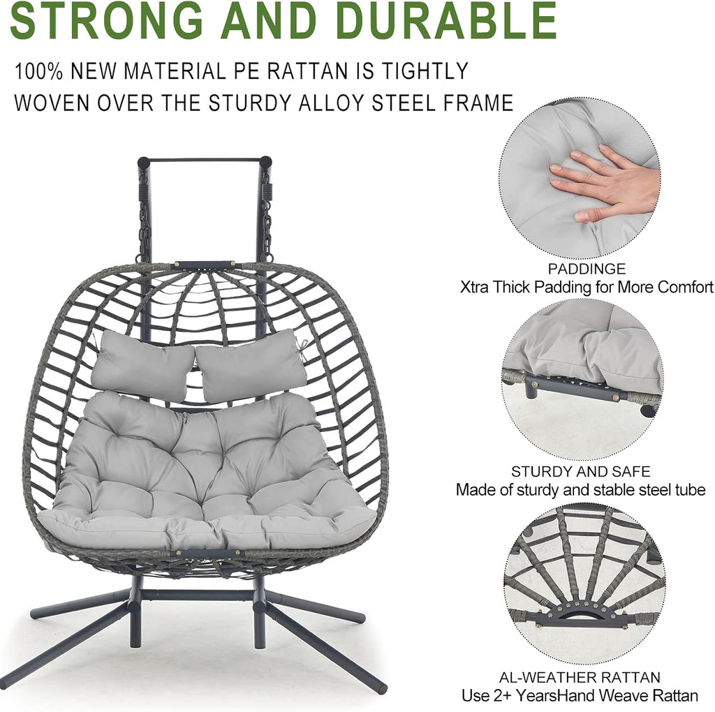Indoor Outdoor Patio Wicker Hanging Chair Swing Chair Patio Egg Chair UV Resistant Cushion Aluminum Frame (Light Grey with 2 seat)