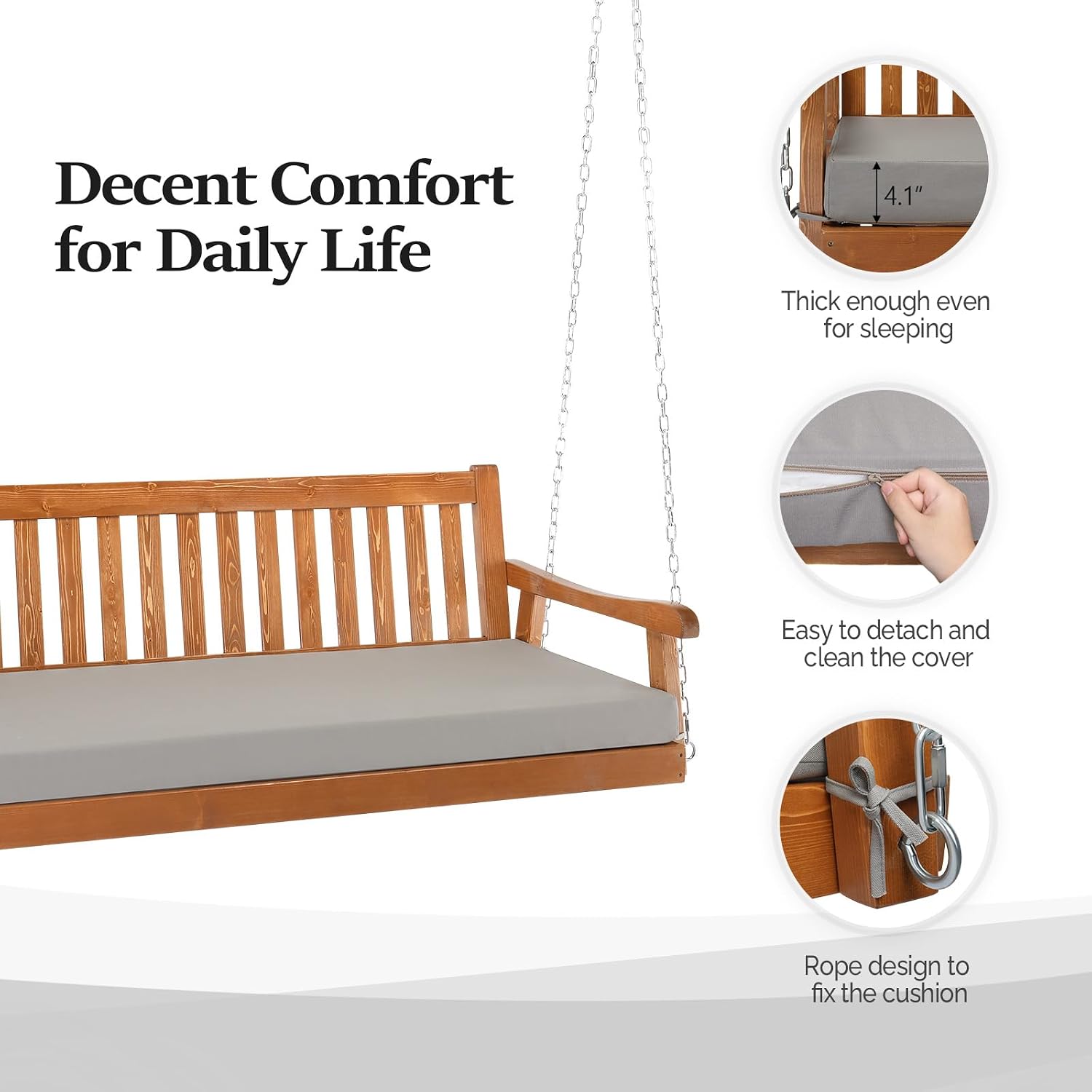 VINGLI 6 FT Outdoor Porch Swing Daybed, Upgraded Patio Hanging Swing Sofa Bench with Cushions Support 880 LBS for Yard, Garden, Brown