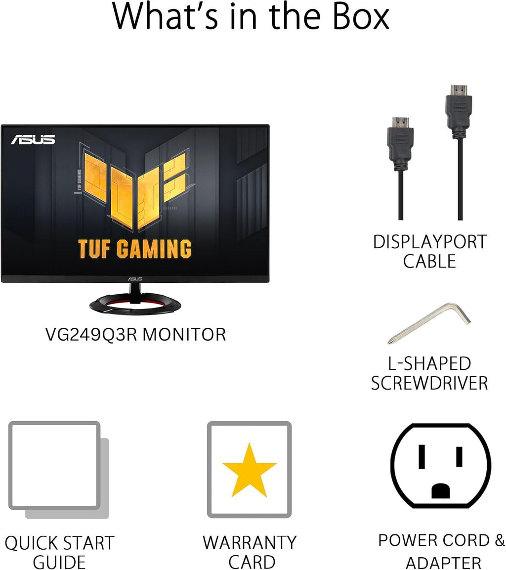ASUS TUF Gaming 23.8' 1080P Monitor (VG249Q3R) – Full HD, 180Hz, 1ms, Fast IPS, Extreme Low Motion Blur, FreeSync, Variable Overdrive, Shadow Boost, Eye Care, 100% sRGB, 3 yr Warranty
