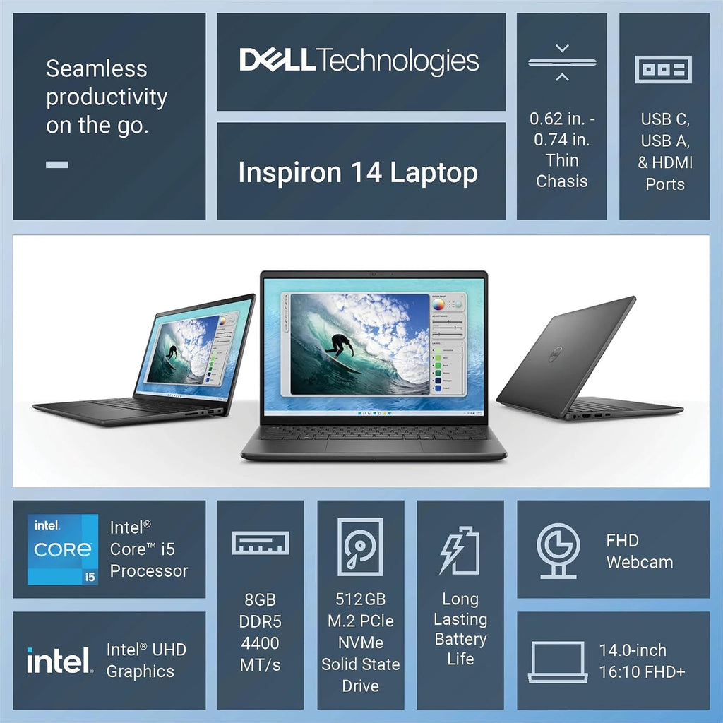 Dell Inspiron 14 Inch Laptop Computer, 14' 16:10 FHD+ IPS Display, 13TH Gen Intel i5 Processor Up to 4.6GHz, 16GB DDR5 RAM, 512GB SSD, Long Battery Life, Windows 11