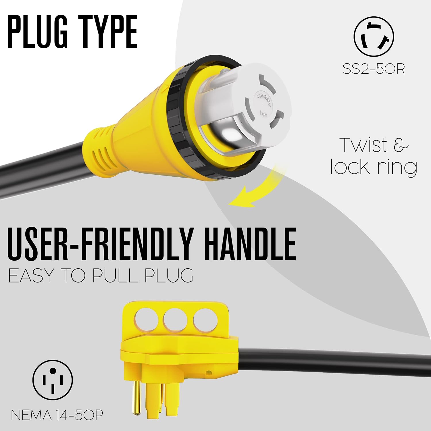 Houseables 50 Amp RV Extension Cord, 50 Amp Generator Cord, RV Cable, 50amp Generator Cable, 50a Shore Power, Twist & Lock, for Camper, 4 Prong, SS2-50R to 14-50P, STW, 125/250v, UL Listed, 50 Feet