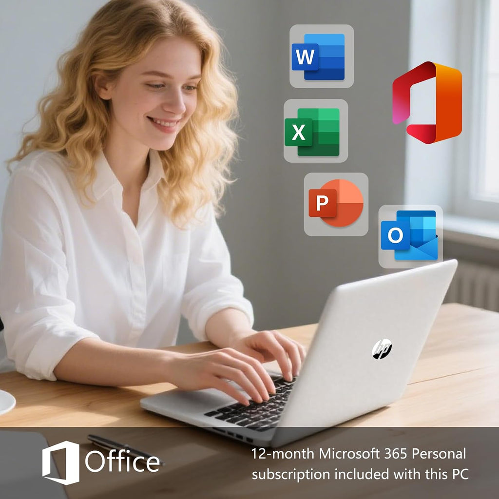 HP 14 Elite Laptop, 16GB RAM, 1.12TB Total Storage (128GB UFS+1TB Cloud), Natural Silver, Office 365, Intel 4-Core, Win11, Copilot AI, 11Hr Battery, Alpacatec Mouse
