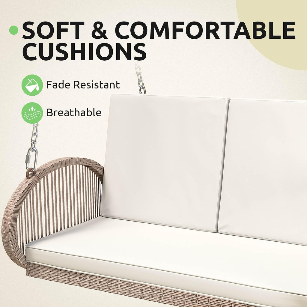 DWVO 3-Person Wicker Porch Swing with Cushions, Outdoor Hanging Swing Chair with Oval Armrests, Iron Frame, 800lbs Capacity for Patio, Garden, Balcony (Beige)