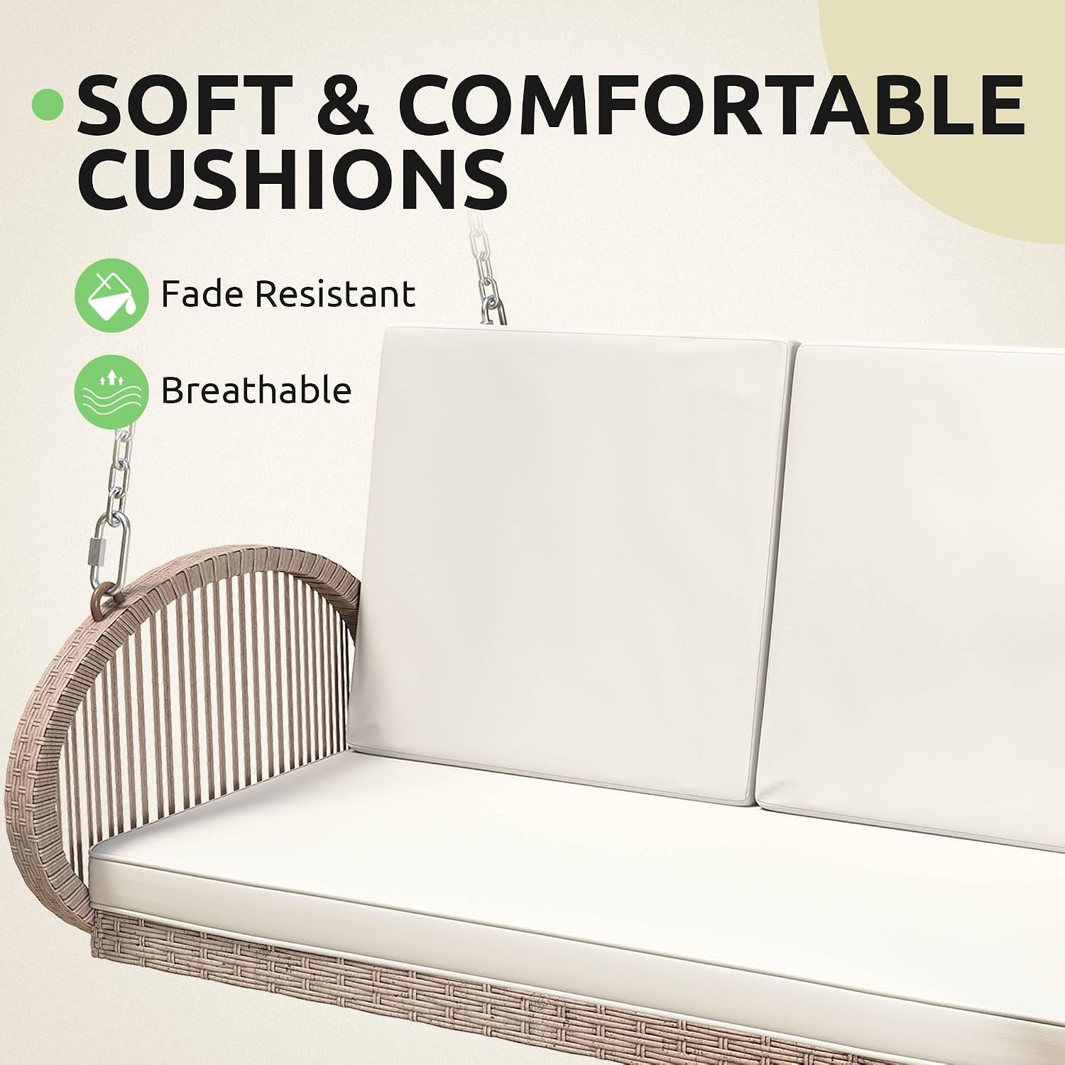 DWVO 3-Person Wicker Porch Swing with Cushions, Outdoor Hanging Swing Chair with Oval Armrests, Iron Frame, 800lbs Capacity for Patio, Garden, Balcony (Beige)