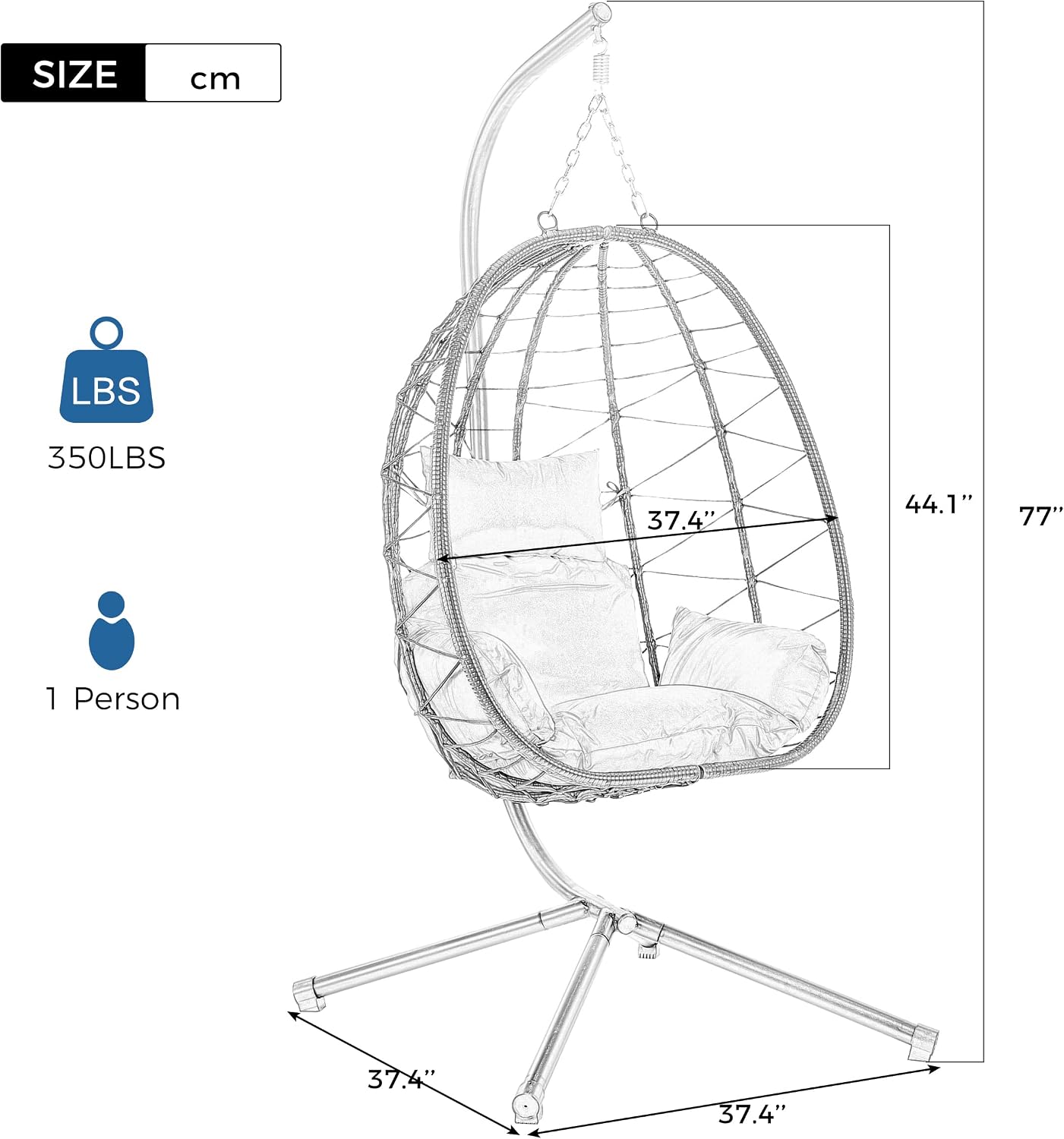 KEIKI Hanging Egg Chair with Stand, Outdoor Patio Swing Egg Basket with Cushion, 350LBS Load Rattan Wicker Hammock for Balcony, Bedroom, Living Room, Navy Blue