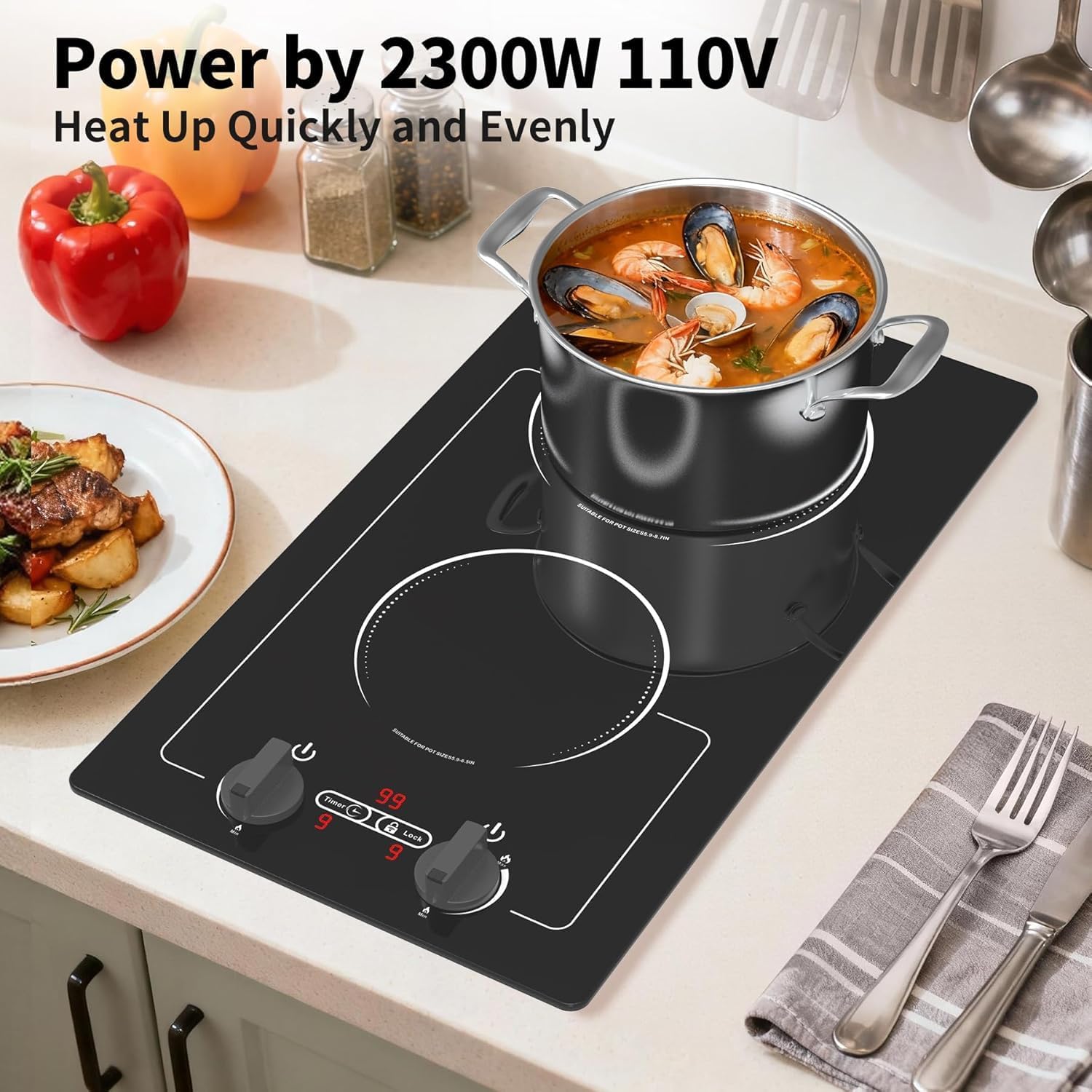VBGK 2 burner Induction cooktop,110V 2300W double burner hot plate with LED Touch Screen, 9 Power Levels, Kids Lock & Timer, Overheat Protection, knob and touch control Double Induction Cooktop