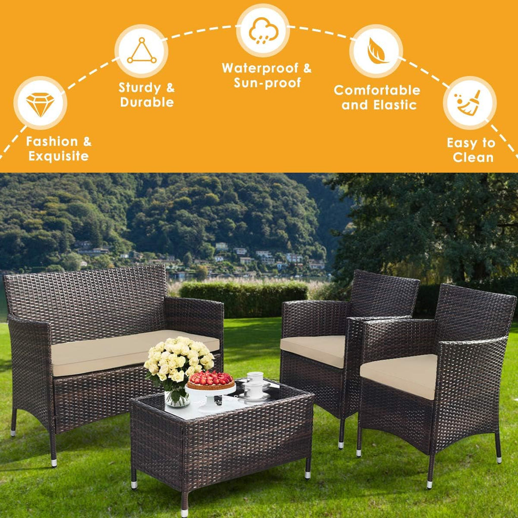 Goplus 4-Piece Rattan Patio Set, Outdoor/Indoor Wicker Conversation Set for Pool, Backyard, Lawn, Wicker Chairs and Sofa with Soft Cushion, Rattan Furniture with Tempered Glass Coffee Table