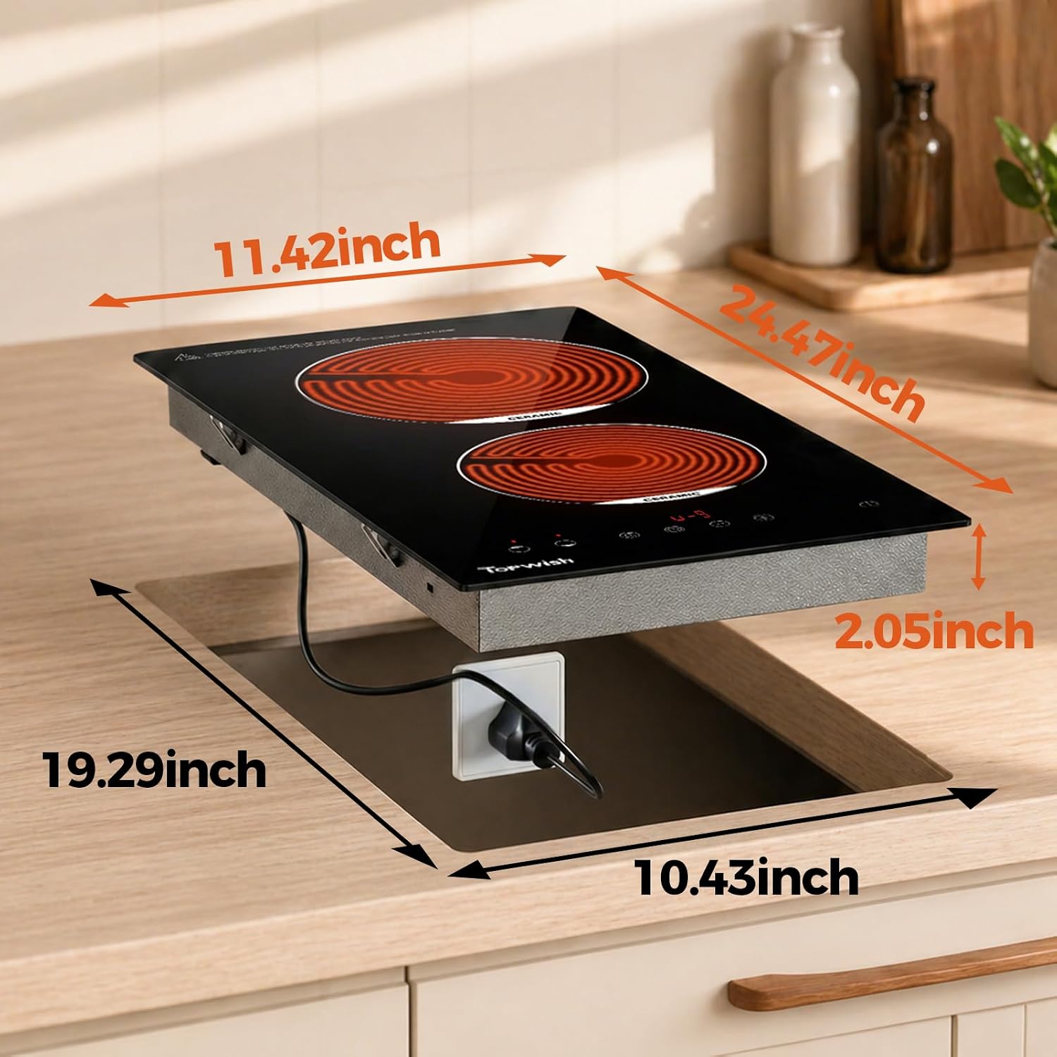 TOPWISH 12 Inch Electric Cooktop, 2 Burners Built-in Electric Stove Top Hot Plate, Drop-in Ceramic Cooktop Kitchen Stoves with Touch Control, Safety Lock, Timer, Overheat Protection, 120V Plug in