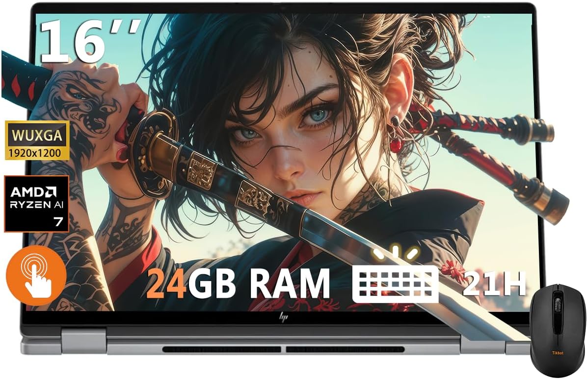 HP OmniBook X Flip 16' 2-in-1 Laptop - Copilot+ AI PC, AMD Ryzen AI 7 350, 24GB RAM, 1TB SSD, WUXGA Touchscreen (400 nits), Up to 21Hours, Win11,WiFi 6E, BT 5.3, Envy X360 W/Mouse