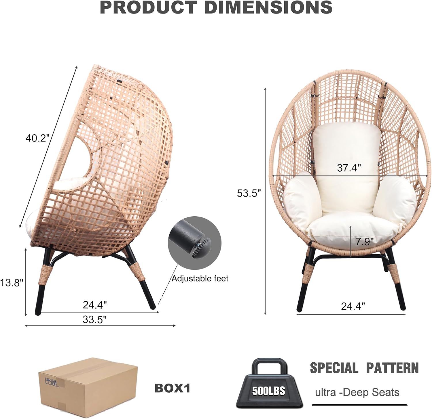 2 pcs Oversized Wicker Egg Chair Outdoor Indoor - Rattan Patio Egg Lounge Chairs with Cushion 500lbs Capacity for Living Room, Balcony, Backyard