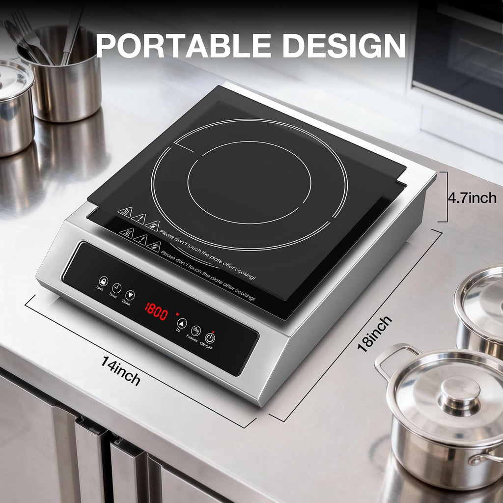1800W Commercial Induction Cooktop, 120V Stainless Steel Electric Countertop Burner with Digital Touch Panel, 3-Hour Timer - Portable Hot Plate for Restaurant, RV or Food Truck