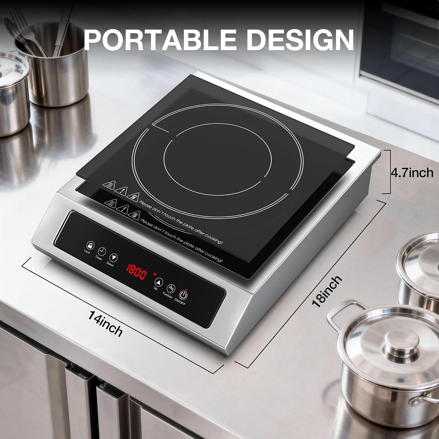 1800W Commercial Induction Cooktop, 120V Stainless Steel Electric Countertop Burner with Digital Touch Panel, 3-Hour Timer - Portable Hot Plate for Restaurant, RV or Food Truck